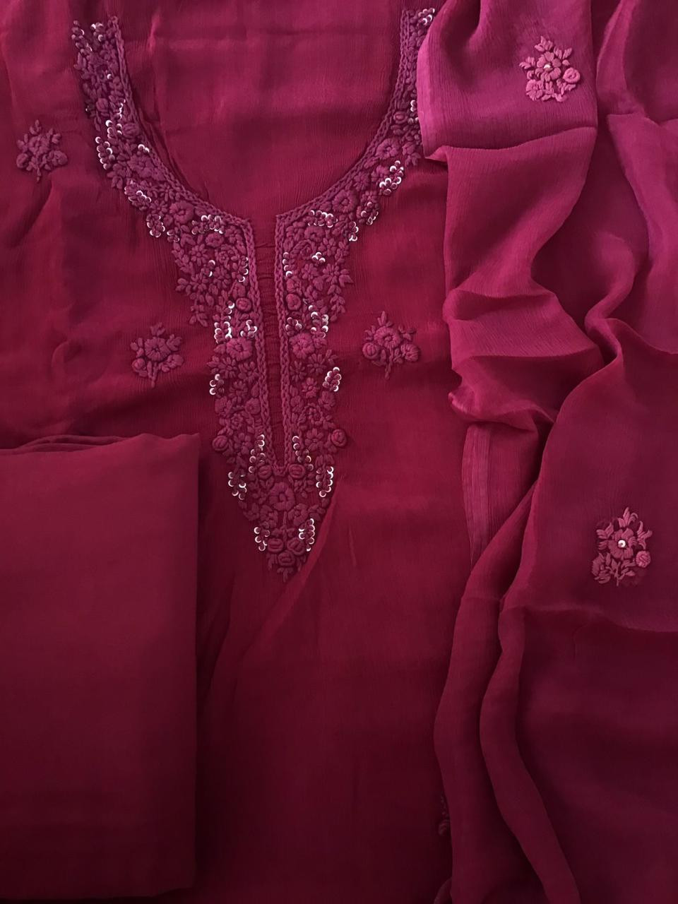 Pure Chinnon Silk Embroidered Suit - Maroon