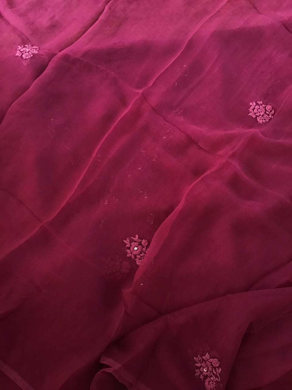 Pure Chinnon Silk Embroidered Suit - Maroon