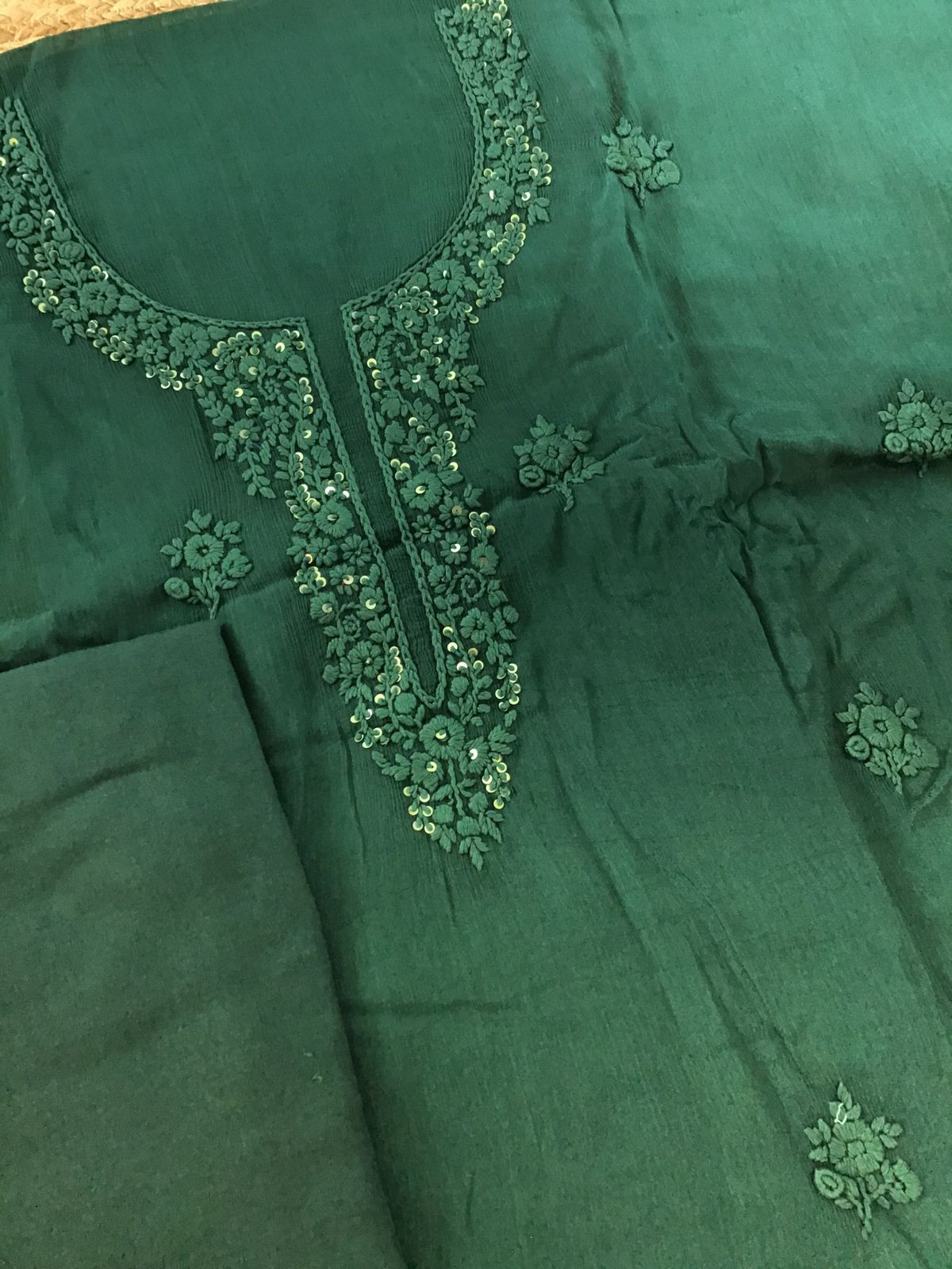 Pure Chinnon Silk Embroidered Suit - Green