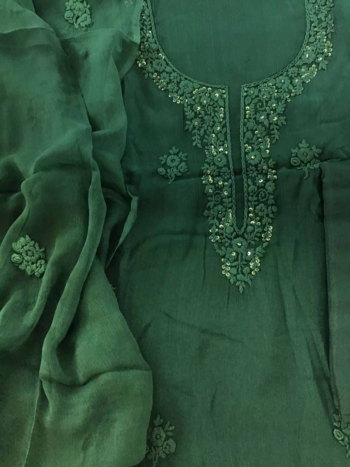 Pure Chinnon Silk Embroidered Suit - Green