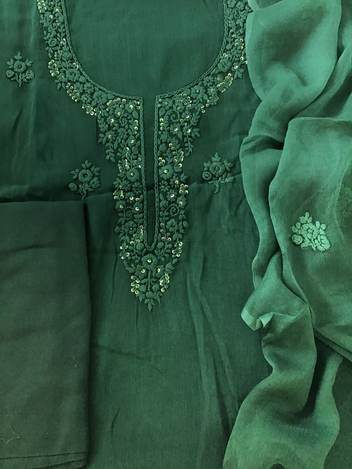 Pure Chinnon Silk Embroidered Suit - Green