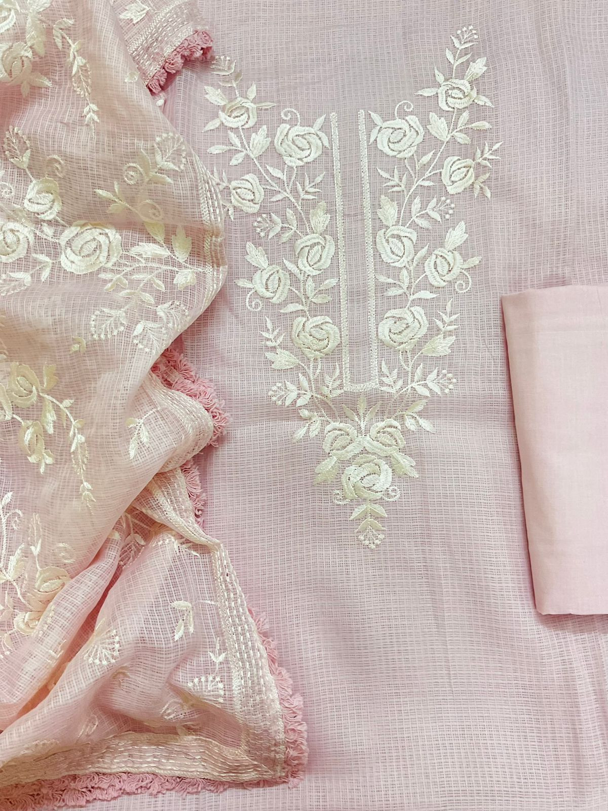 Soft Kota Silk Embroidered Suit - Pink