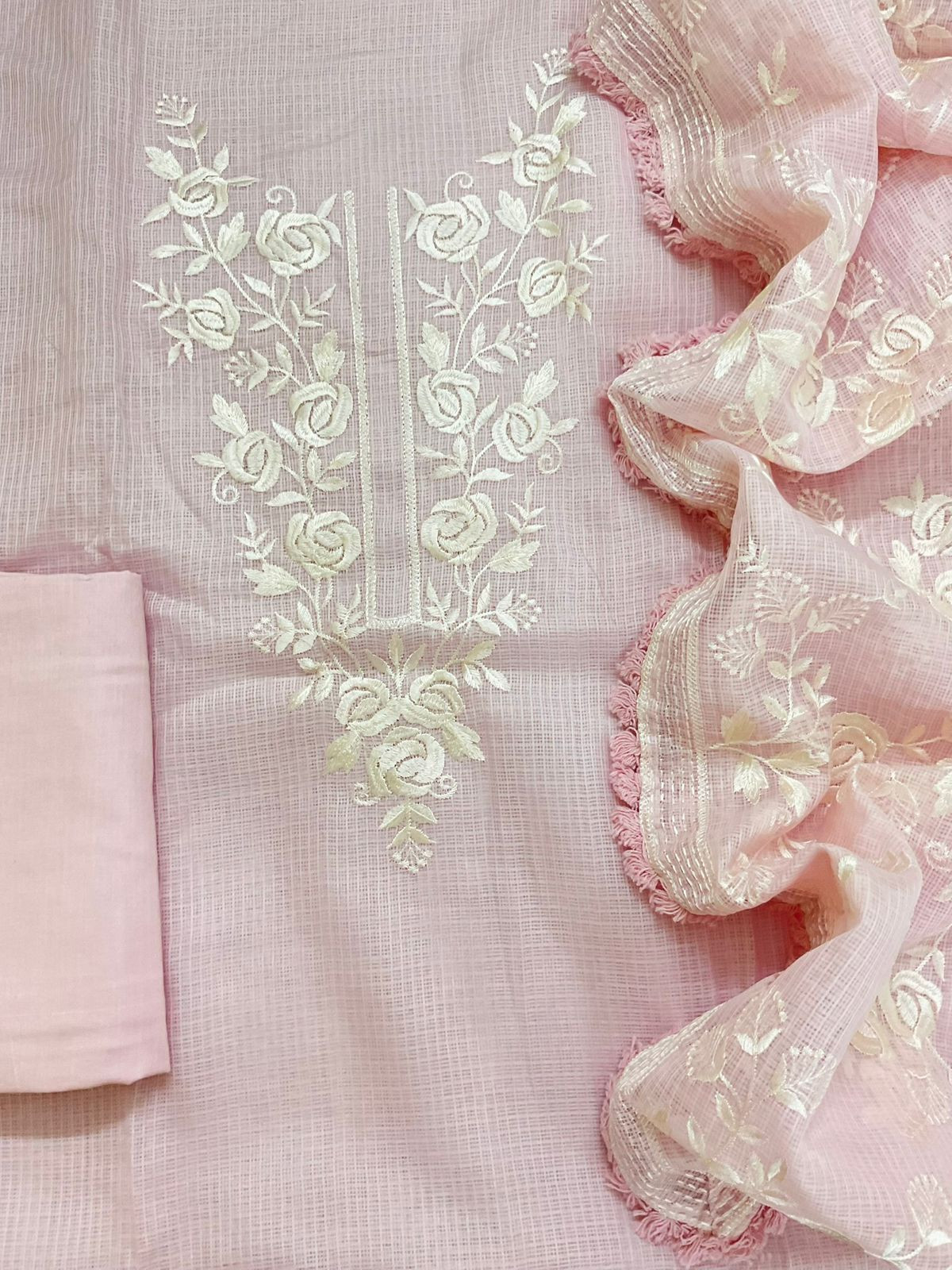 Soft Kota Silk Embroidered Suit - Pink