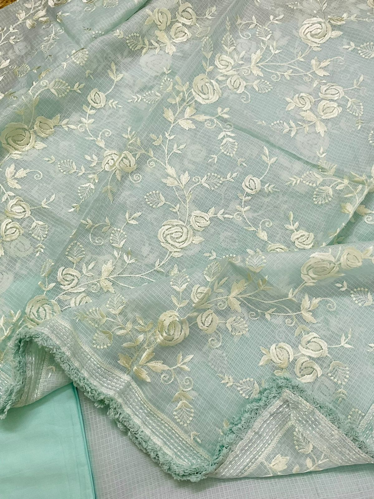 Soft Kota Silk Embroidered Suit - Blue