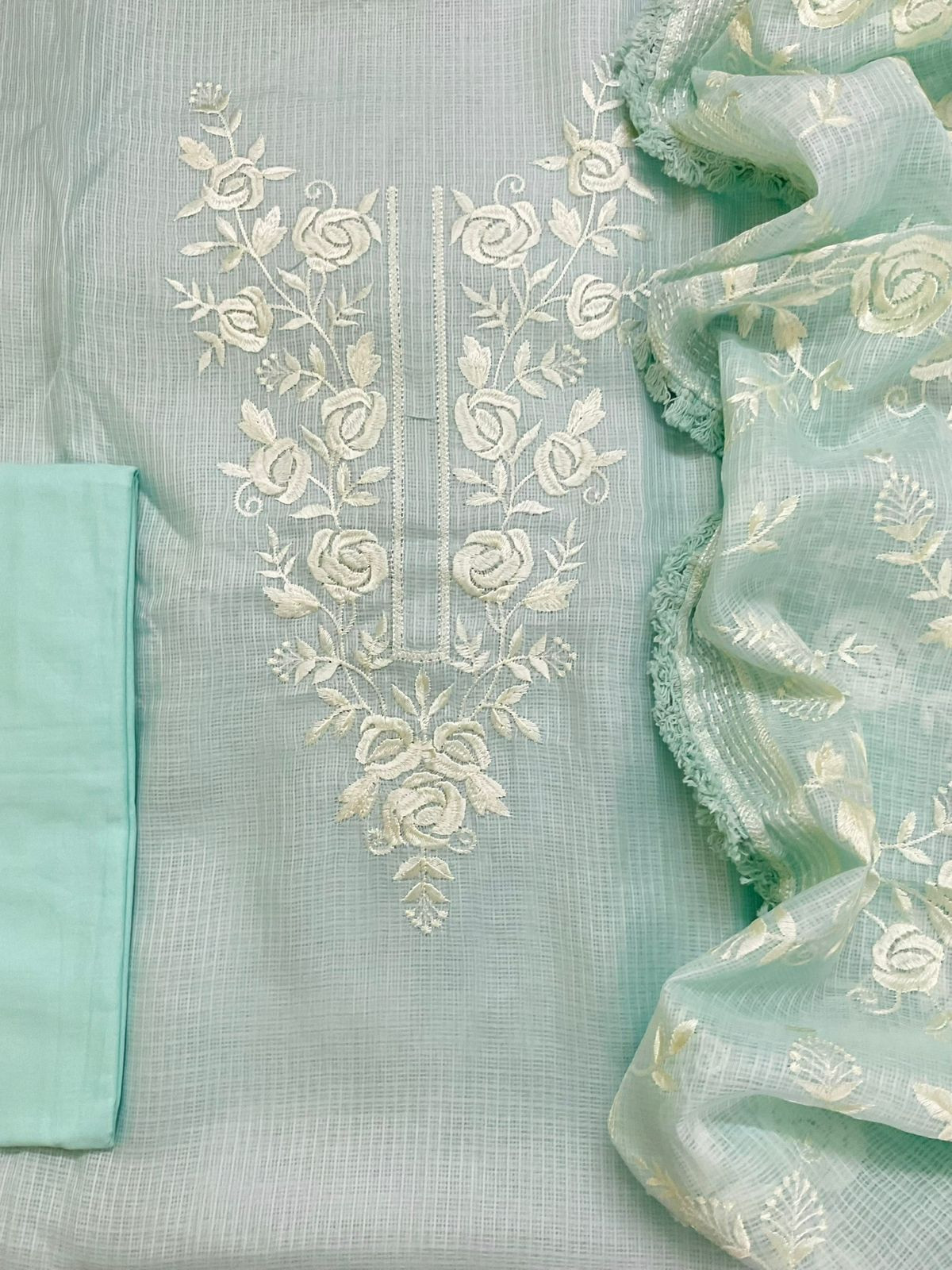 Soft Kota Silk Embroidered Suit - Blue