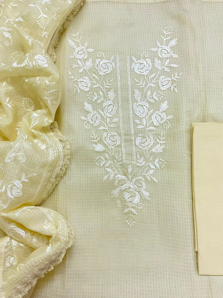 Image of Soft Kota Silk Embroidered Suit - Yellow