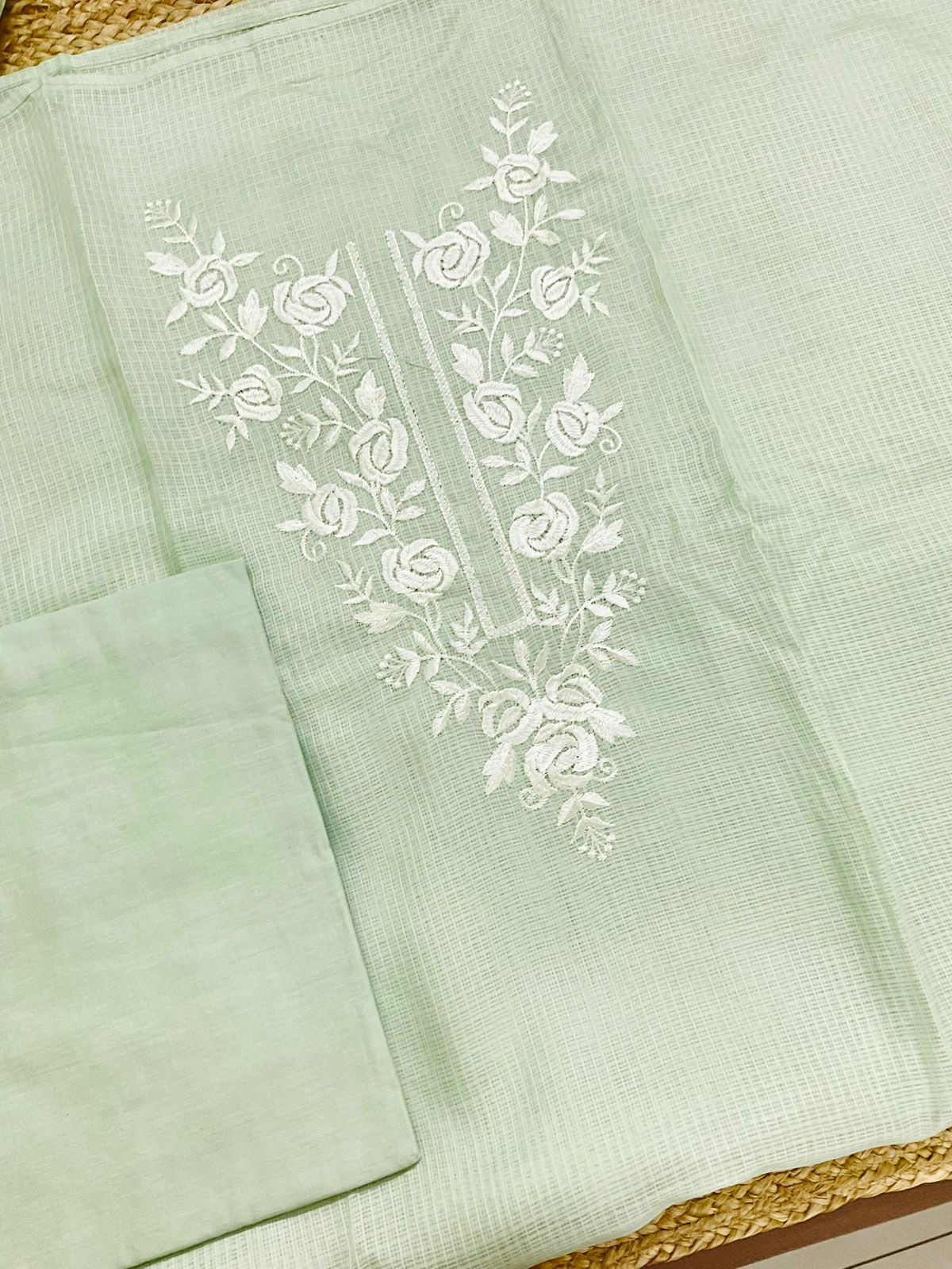 Soft Kota Silk Embroidered Suit - Green