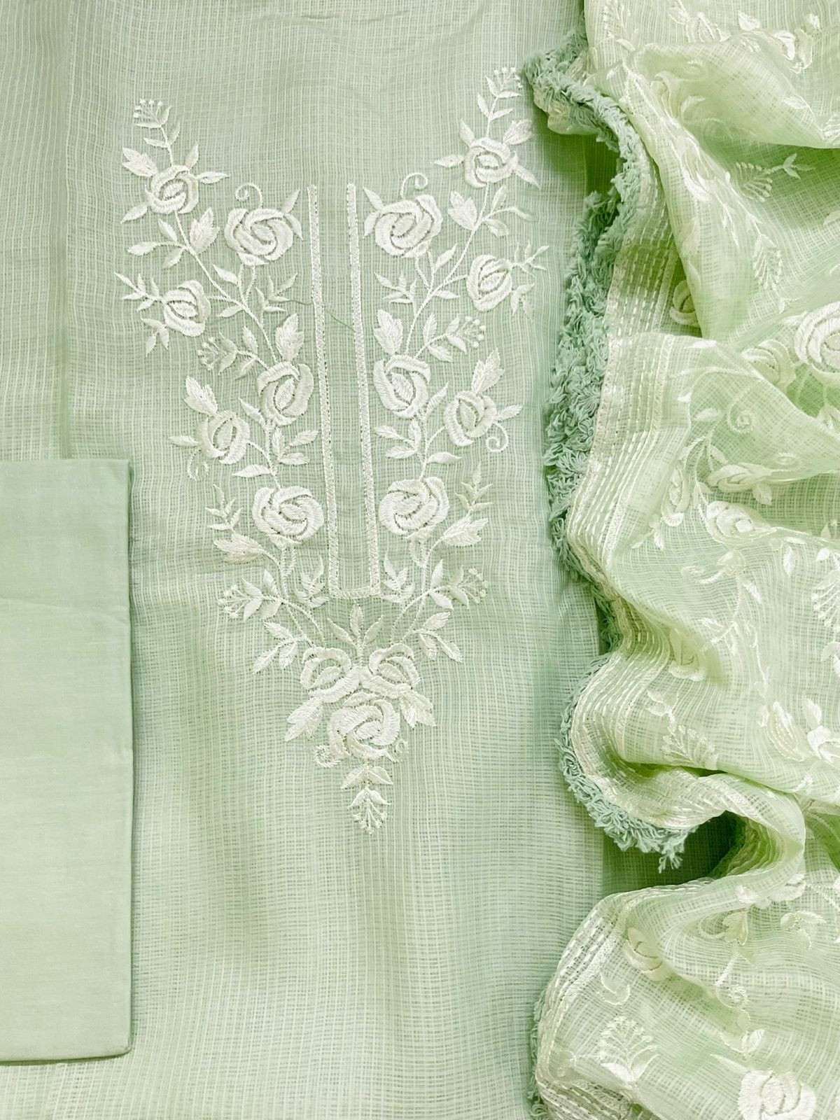 Soft Kota Silk Embroidered Suit - Green