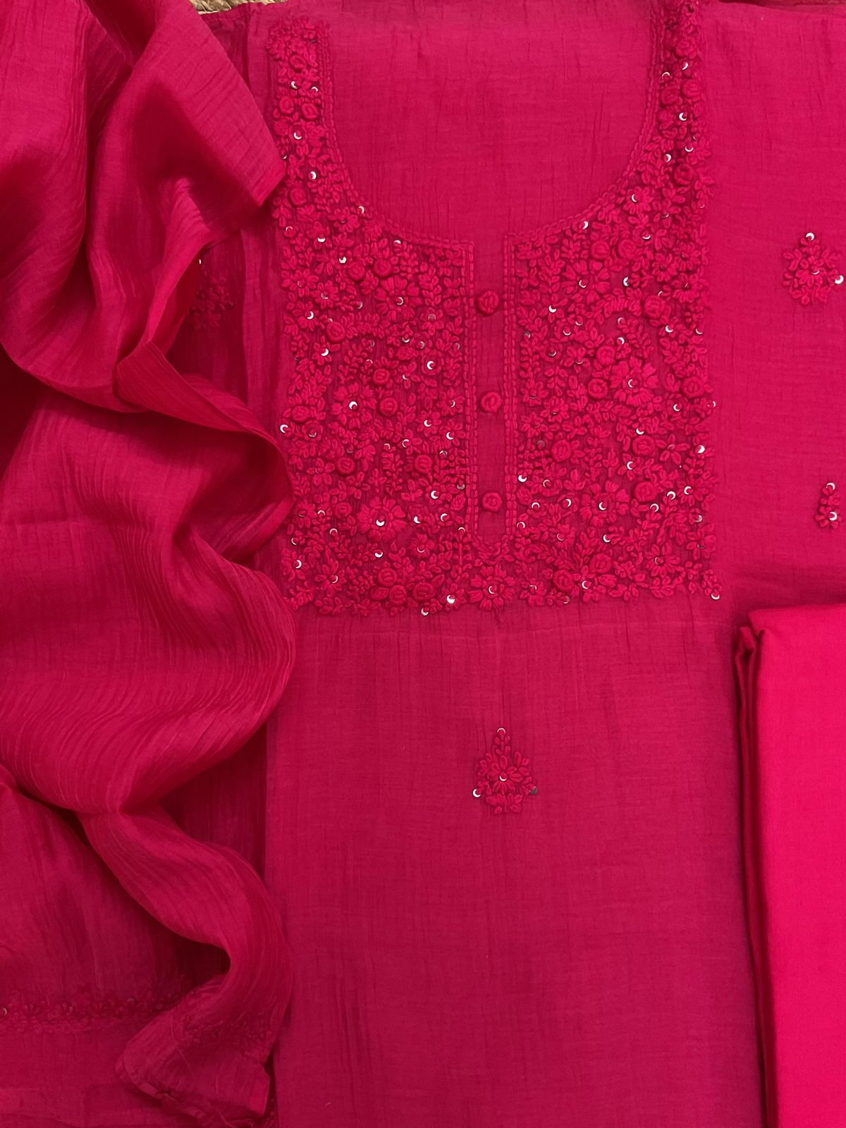 Pure Mul Chanderi Embroidered Suit - Pink