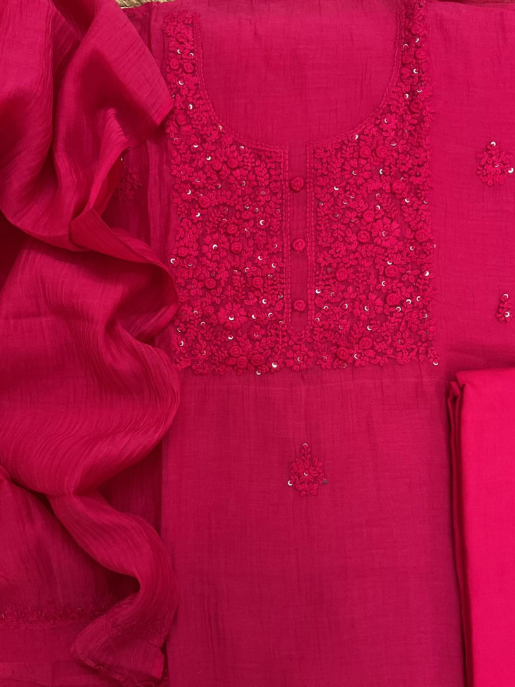 Image of Pure Mul Chanderi Embroidered Suit - Pink