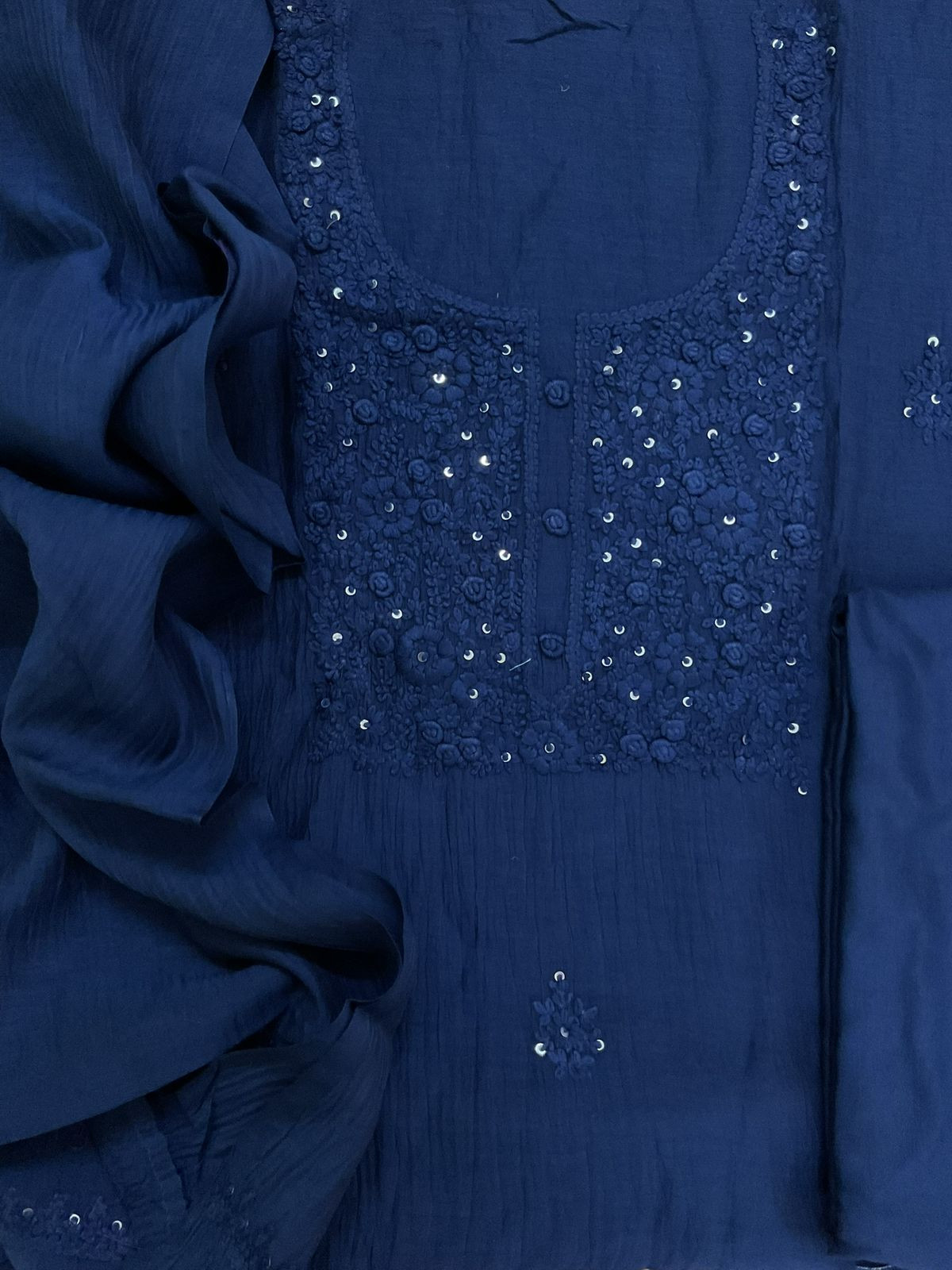 Pure Mul Chanderi Embroidered Suit - Blue