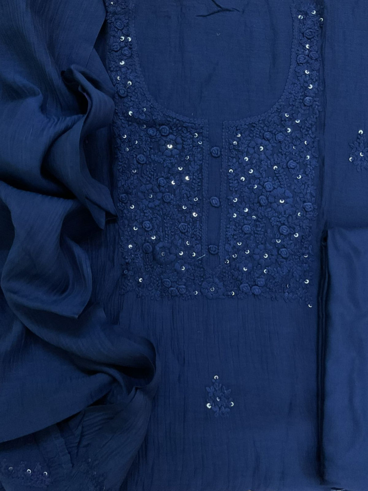 Image of Pure Mul Chanderi Embroidered Suit - Blue