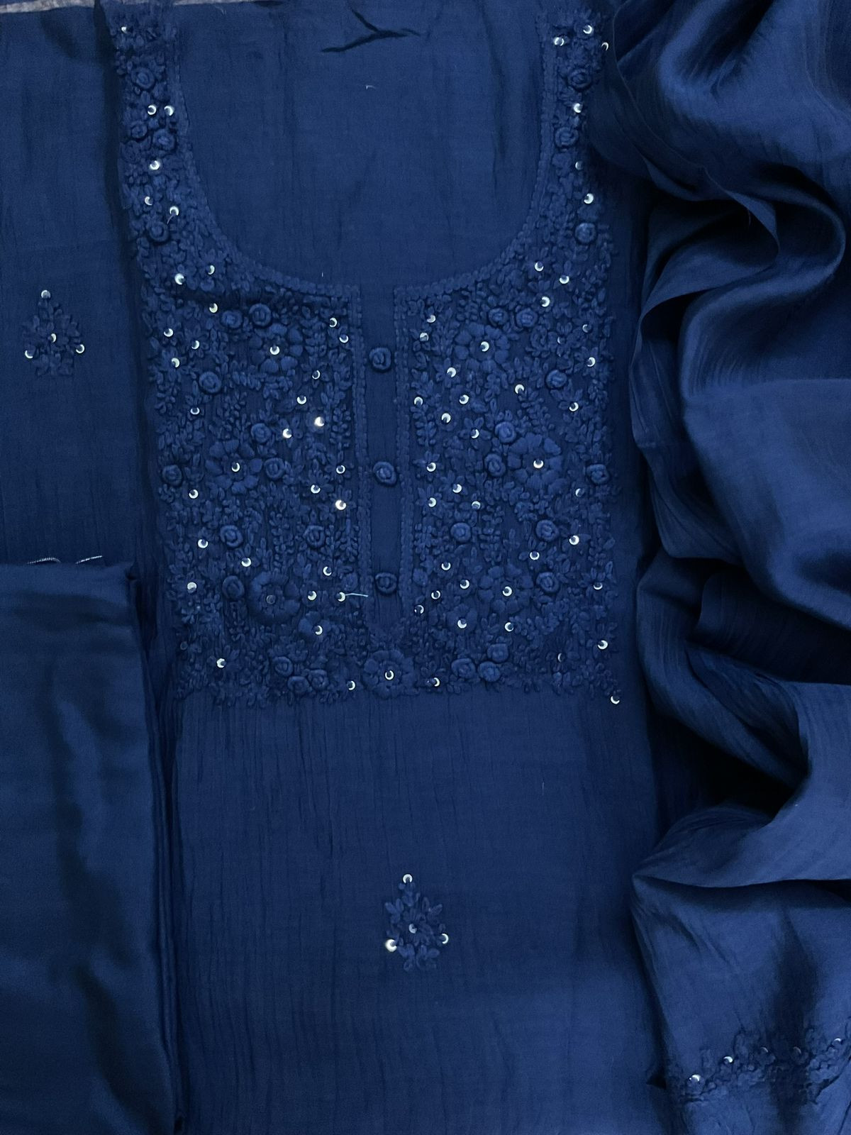 Pure Mul Chanderi Embroidered Suit - Blue