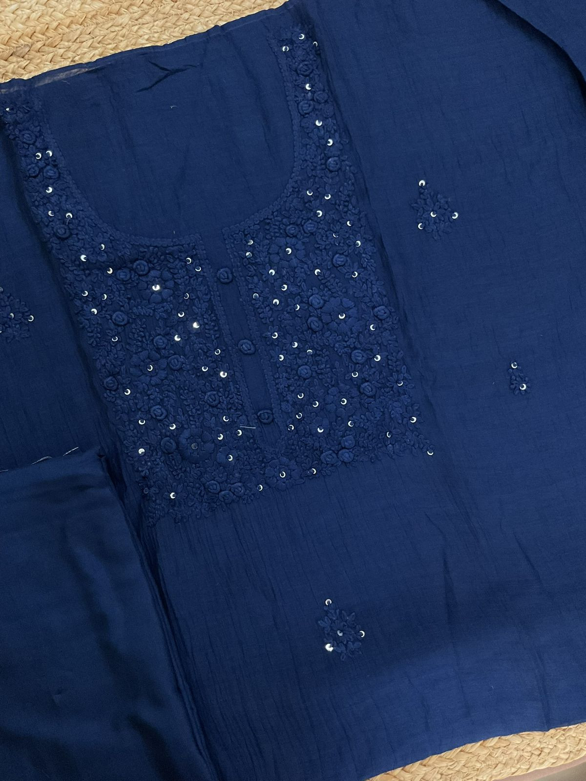 Pure Mul Chanderi Embroidered Suit - Blue