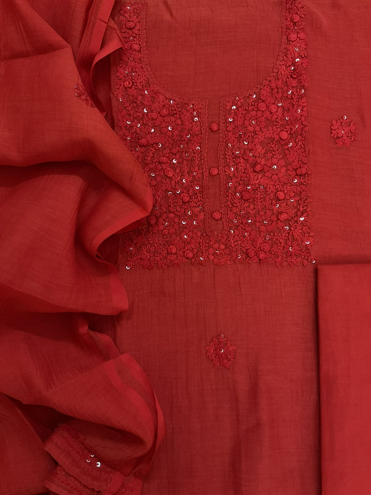 Pure Mul Chanderi Embroidered Suit - Orange