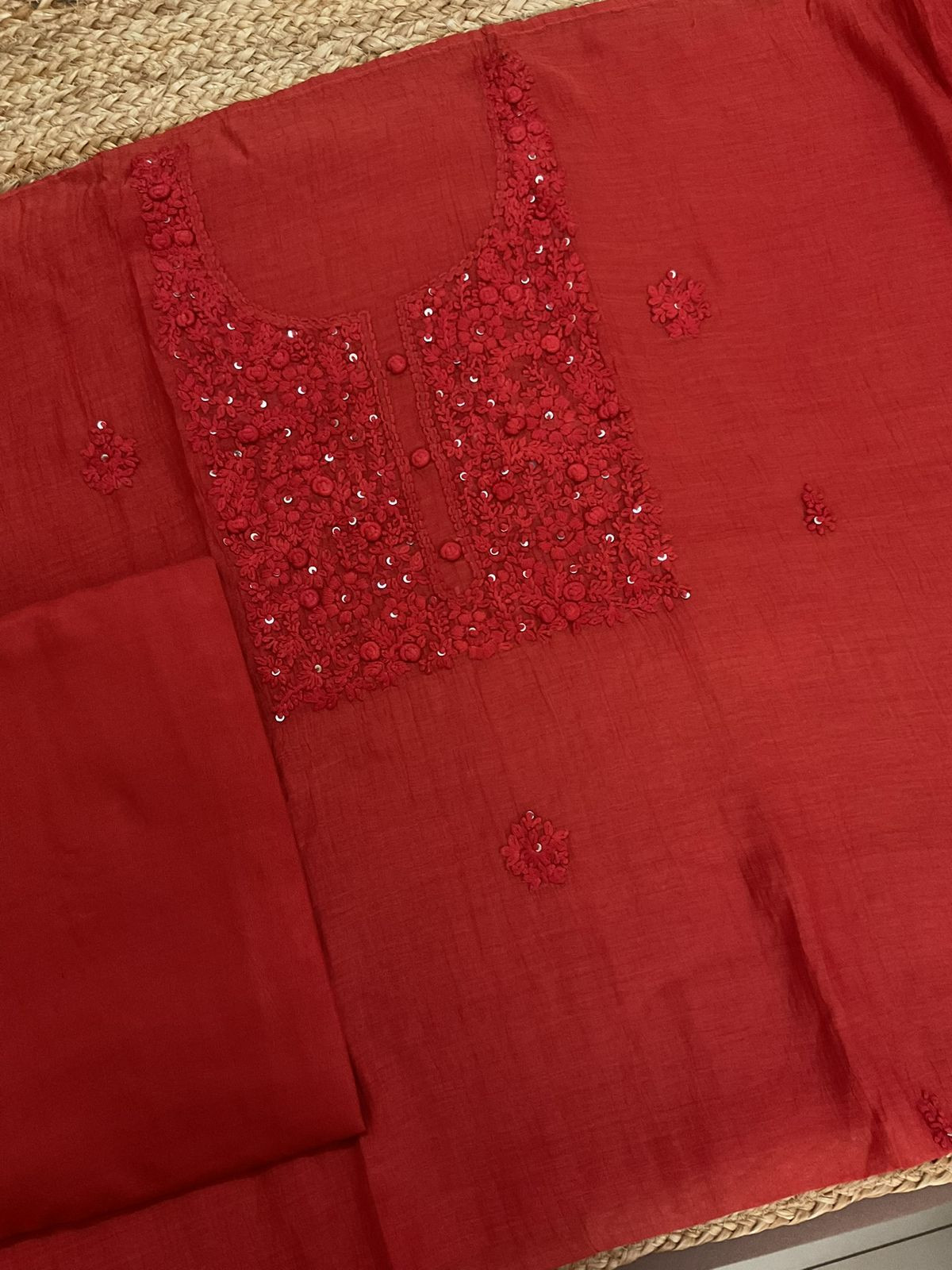 Pure Mul Chanderi Embroidered Suit - Orange