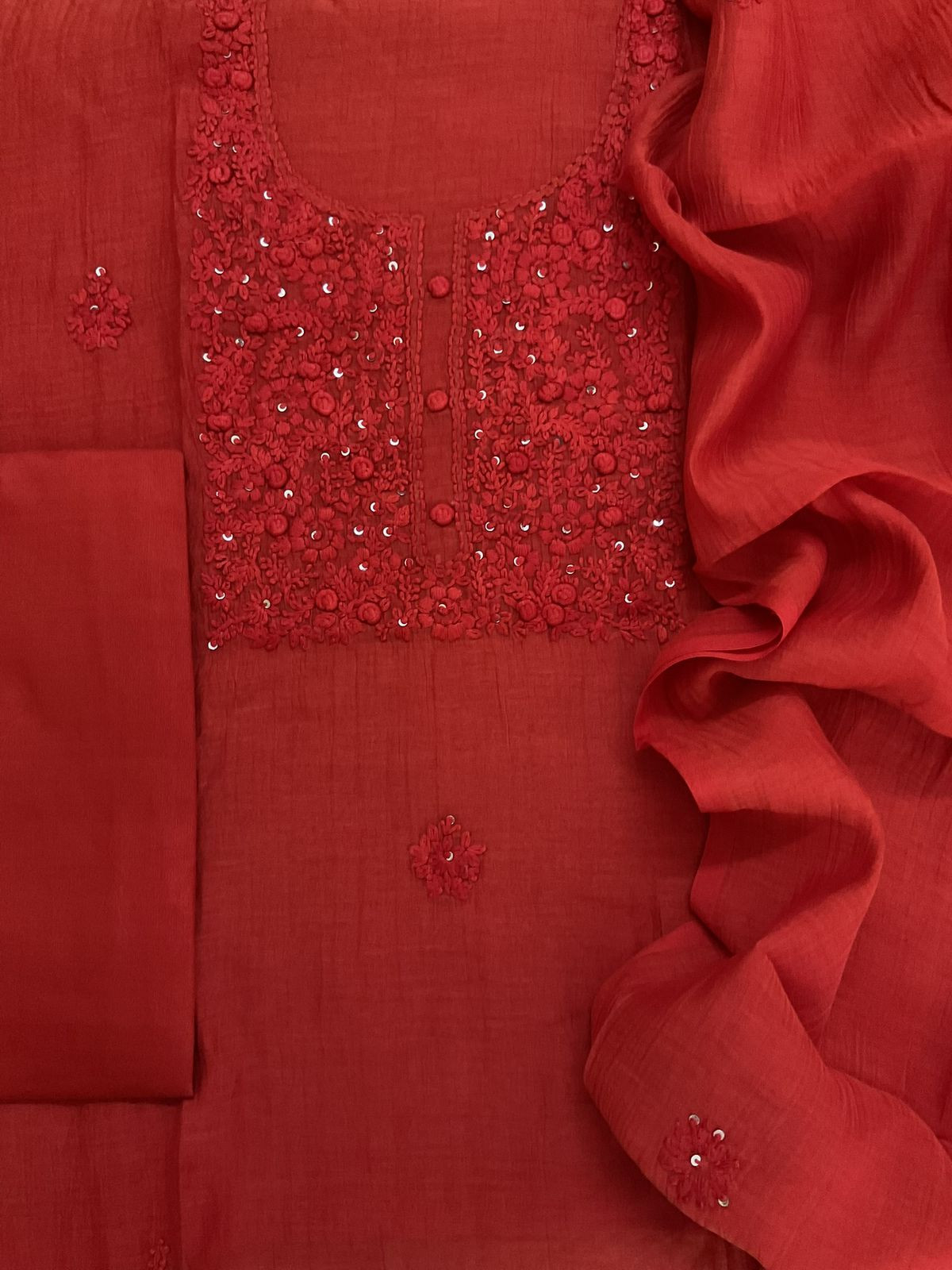 Pure Mul Chanderi Embroidered Suit - Orange