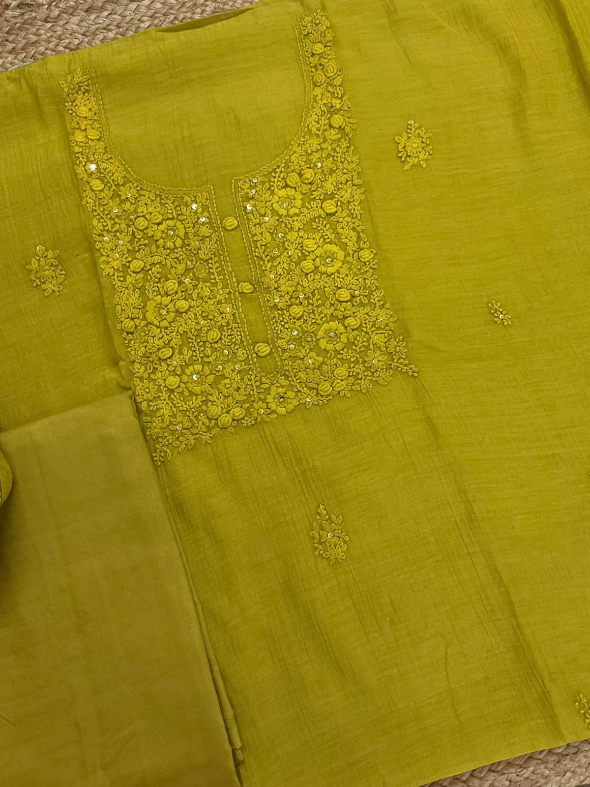 Pure Mul Chanderi Embroidered Suit - Lime Green
