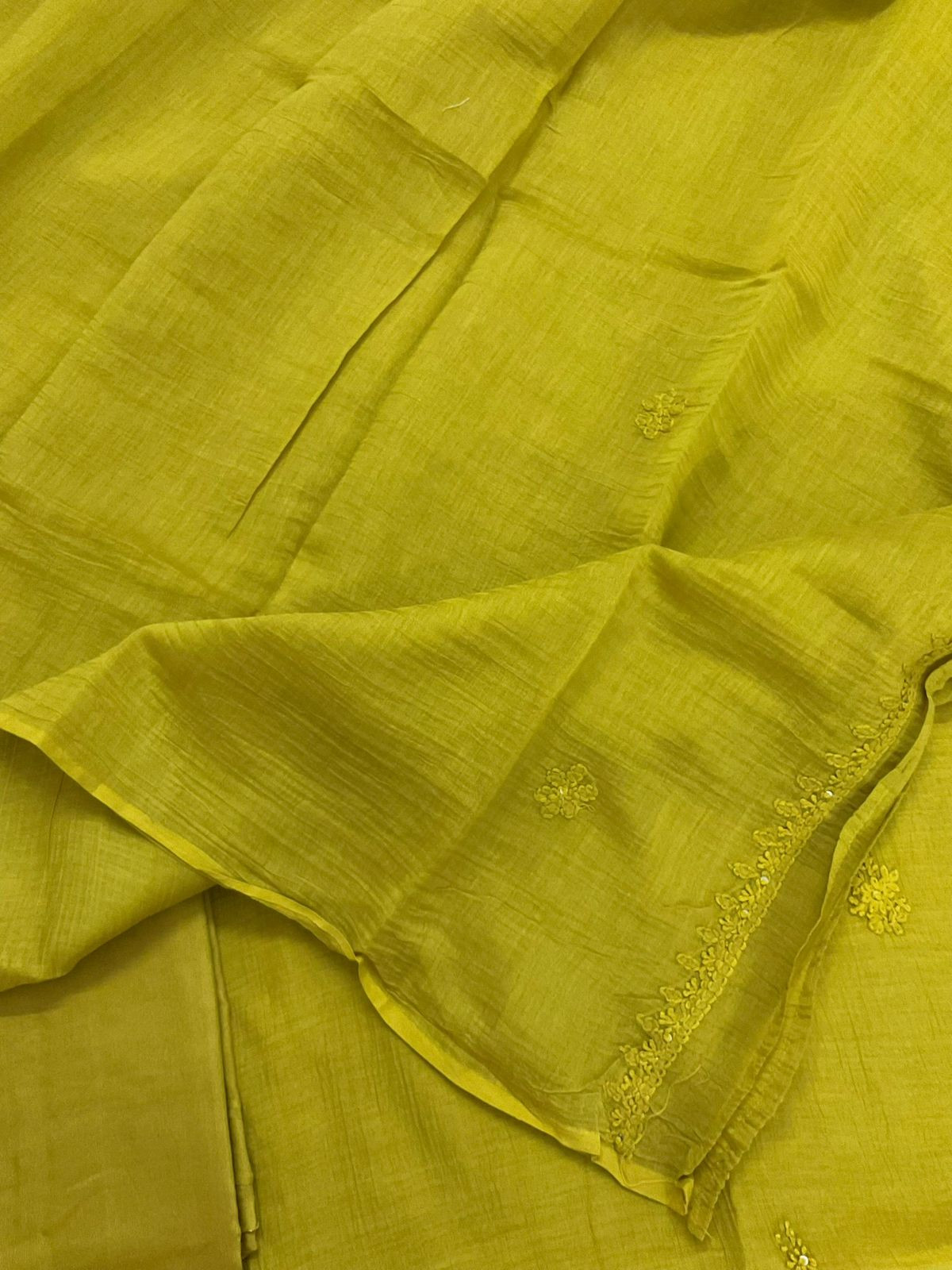 Pure Mul Chanderi Embroidered Suit - Lime Green
