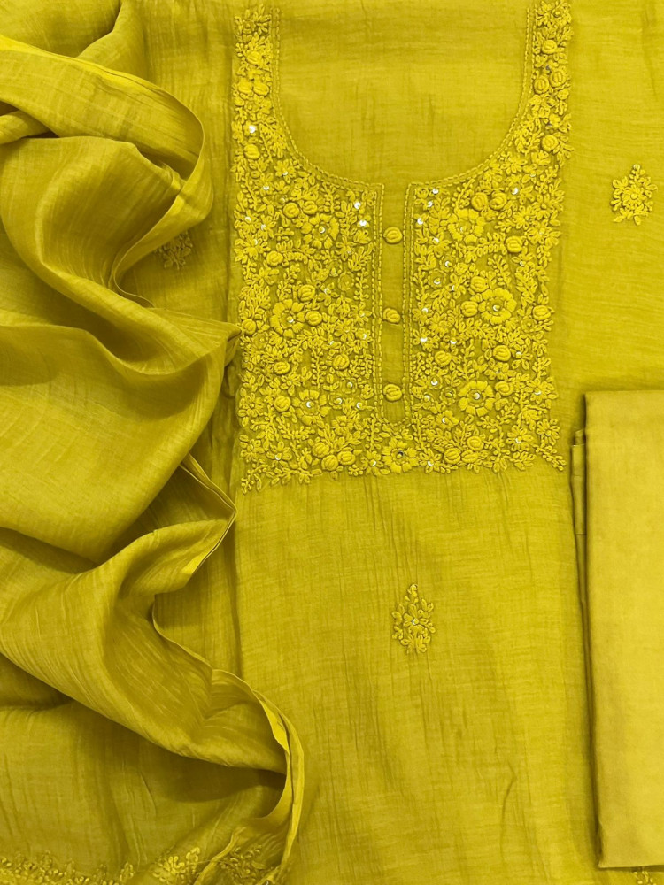 Image of Pure Mul Chanderi Embroidered Suit - Lime Green