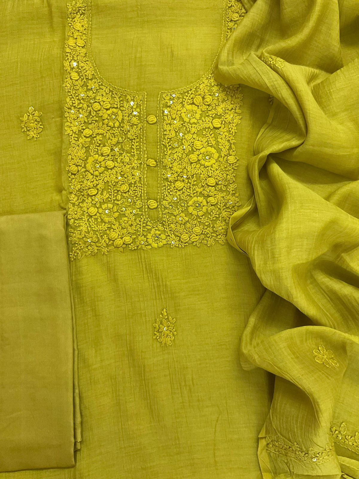 Pure Mul Chanderi Embroidered Suit - Lime Green