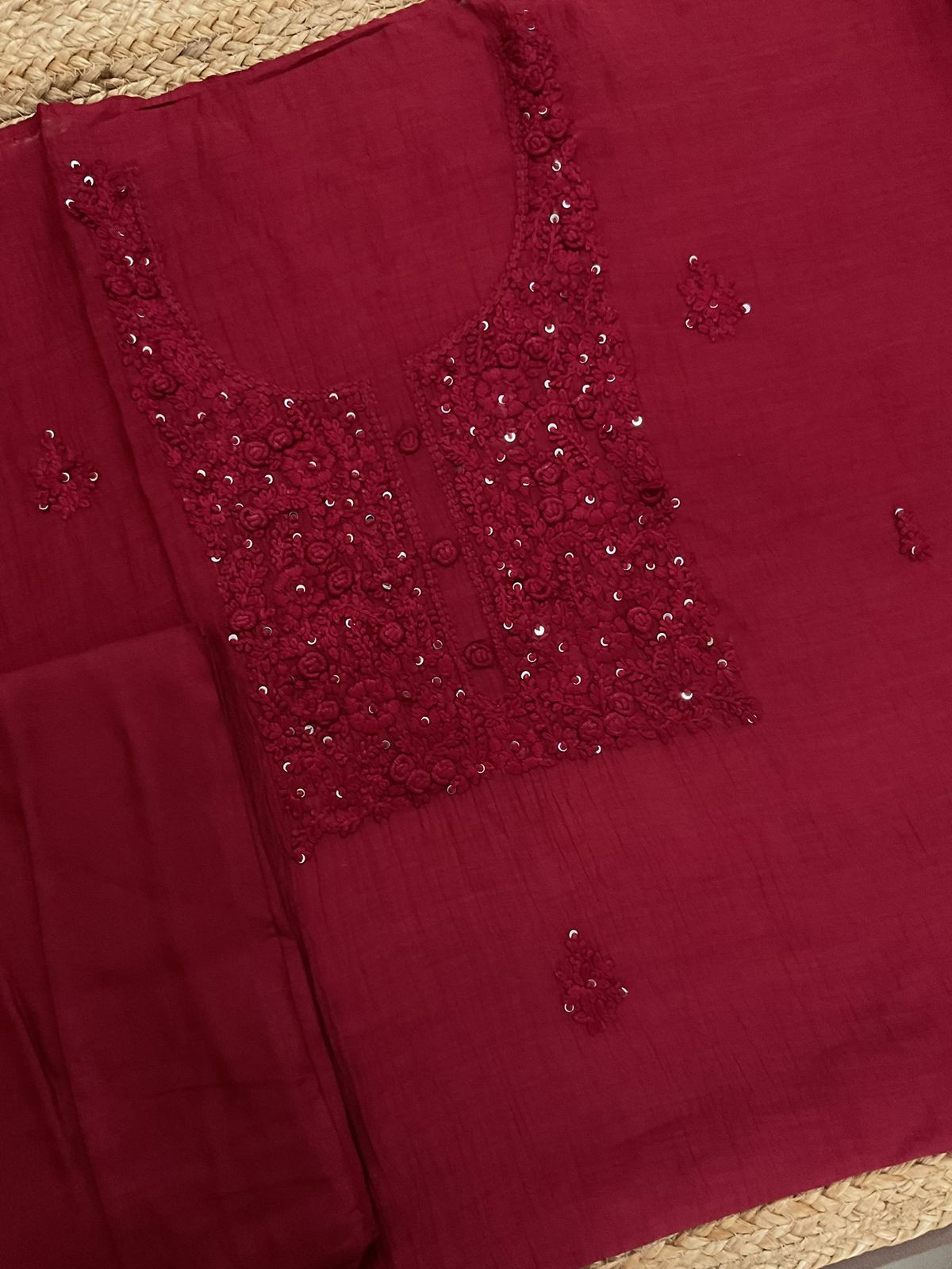 Pure Mul Chanderi Embroidered Suit - Maroon