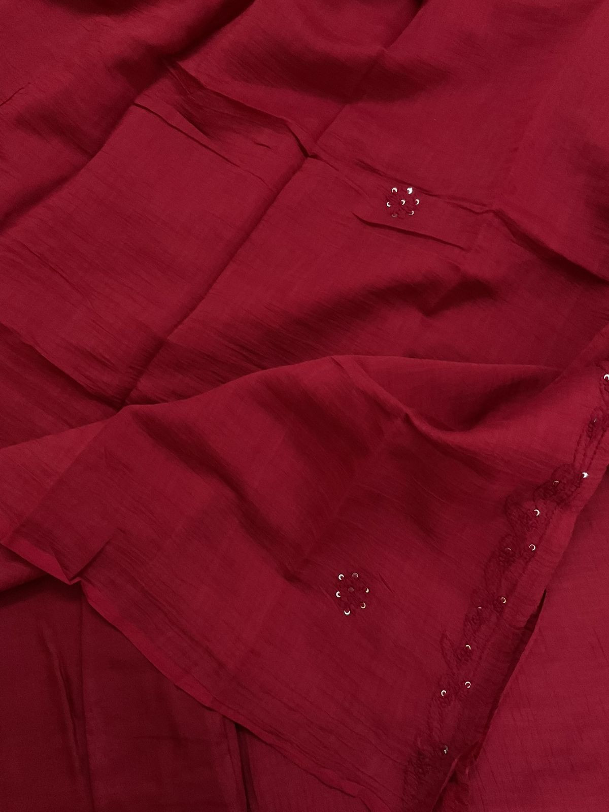Pure Mul Chanderi Embroidered Suit - Maroon
