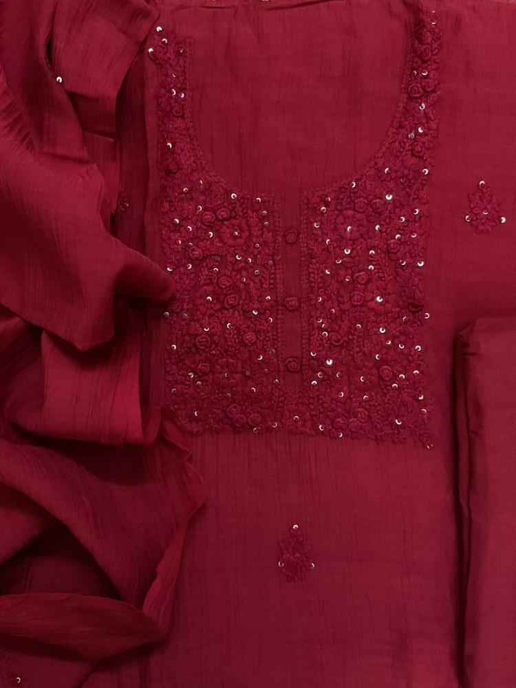 Image of Pure Mul Chanderi Embroidered Suit - Maroon