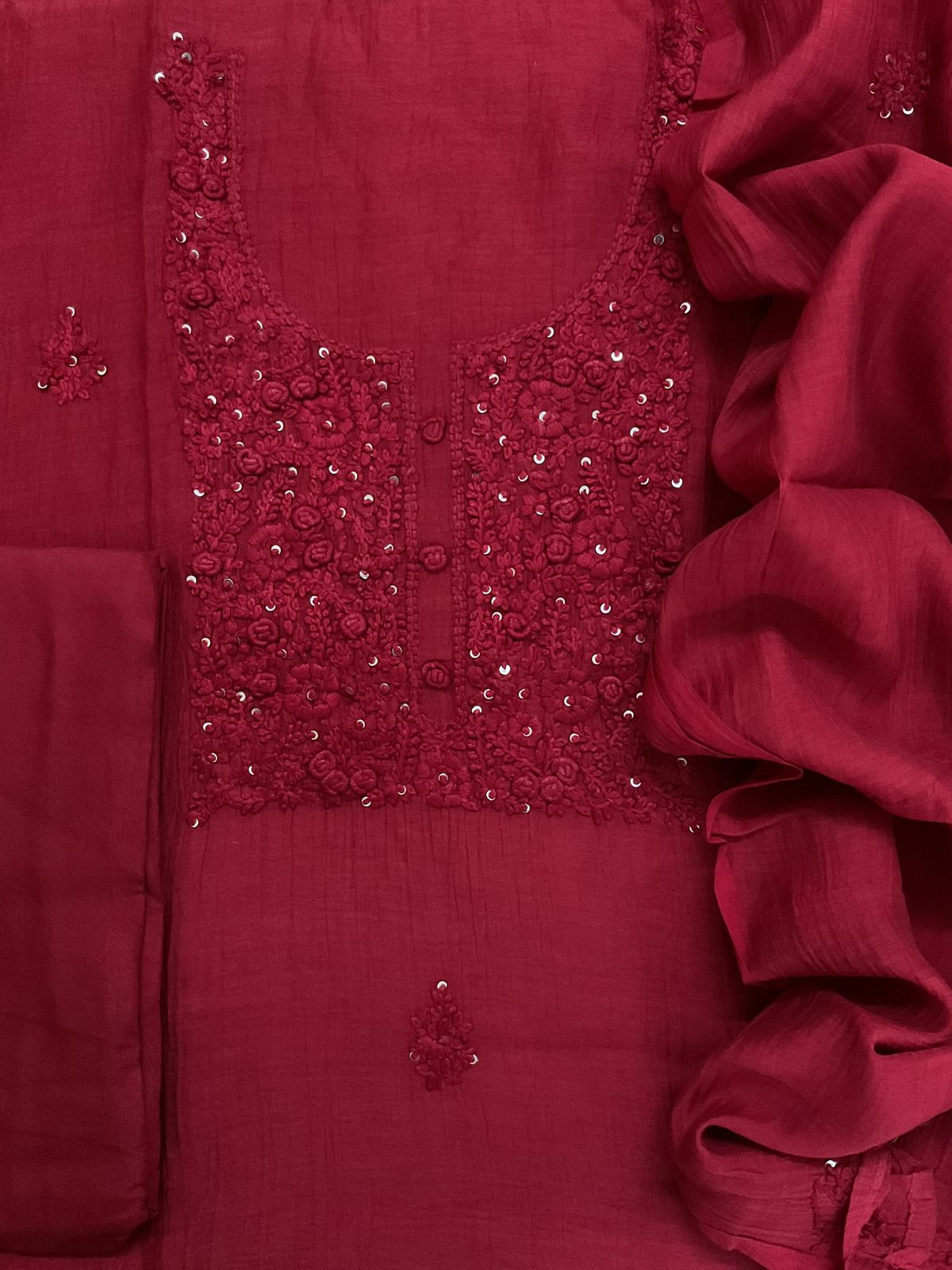 Pure Mul Chanderi Embroidered Suit - Maroon