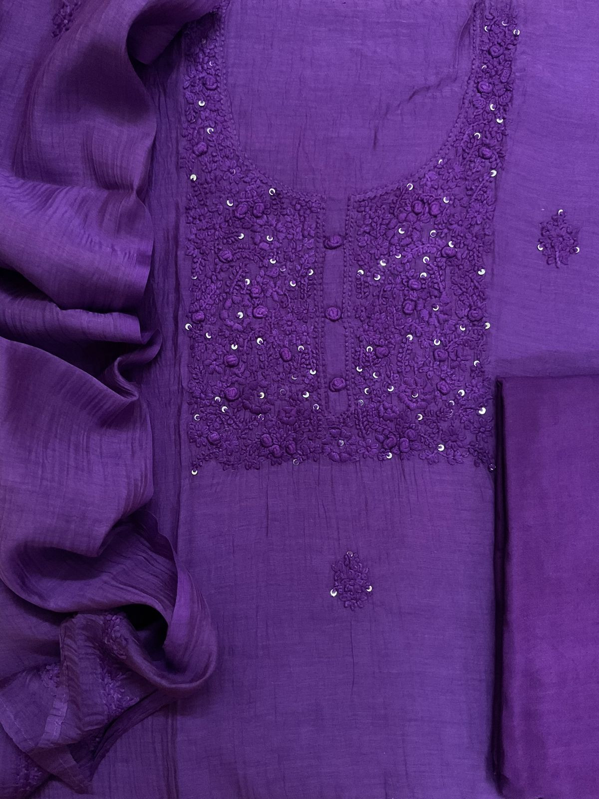 Pure Mul Chanderi Embroidered Suit - Violet