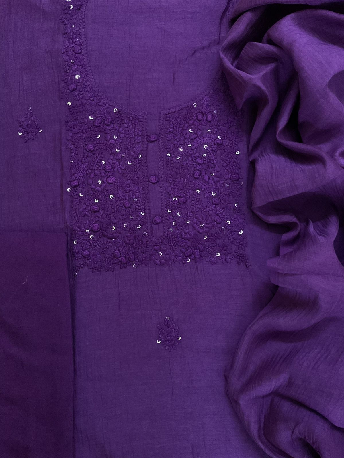 Pure Mul Chanderi Embroidered Suit - Violet