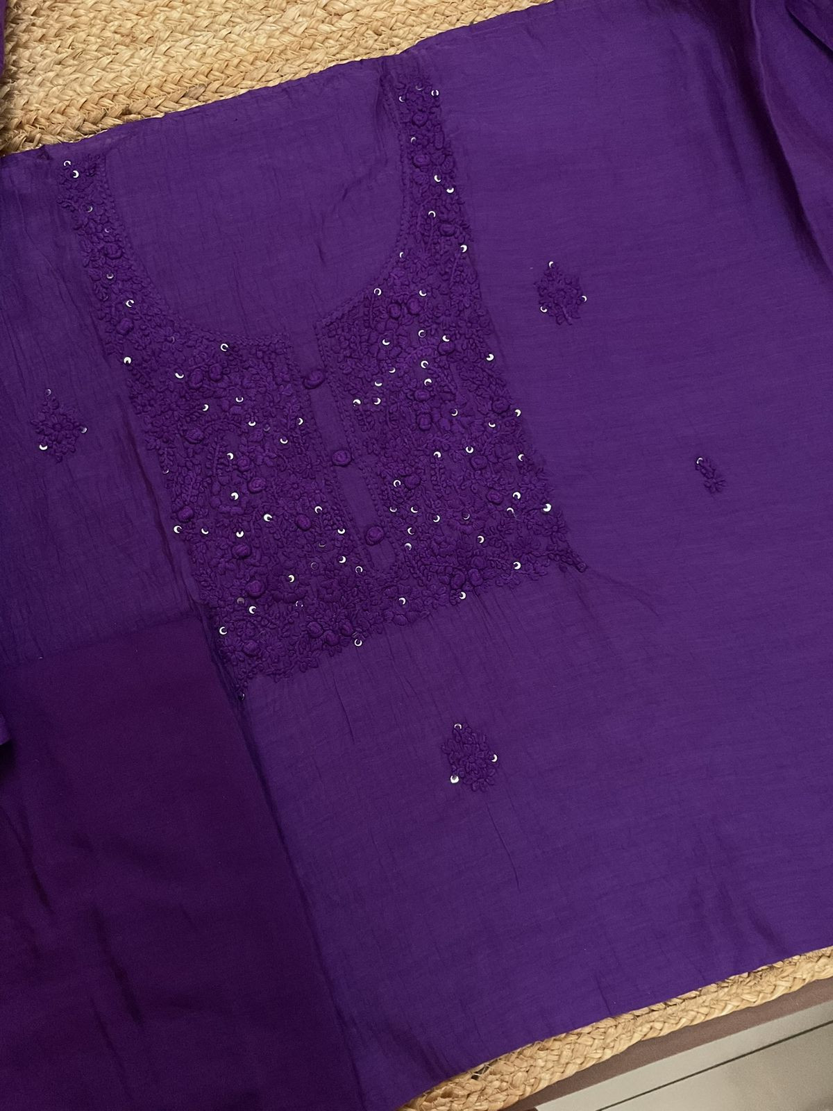 Pure Mul Chanderi Embroidered Suit - Violet