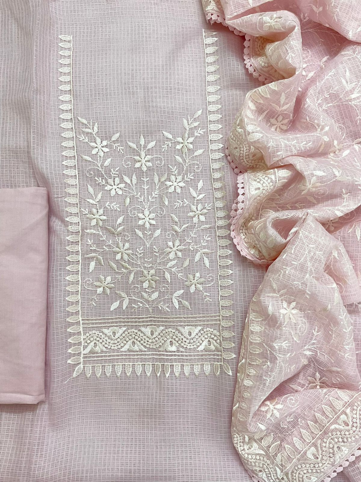 Soft Kota Silk Embroidered Suit - Pink