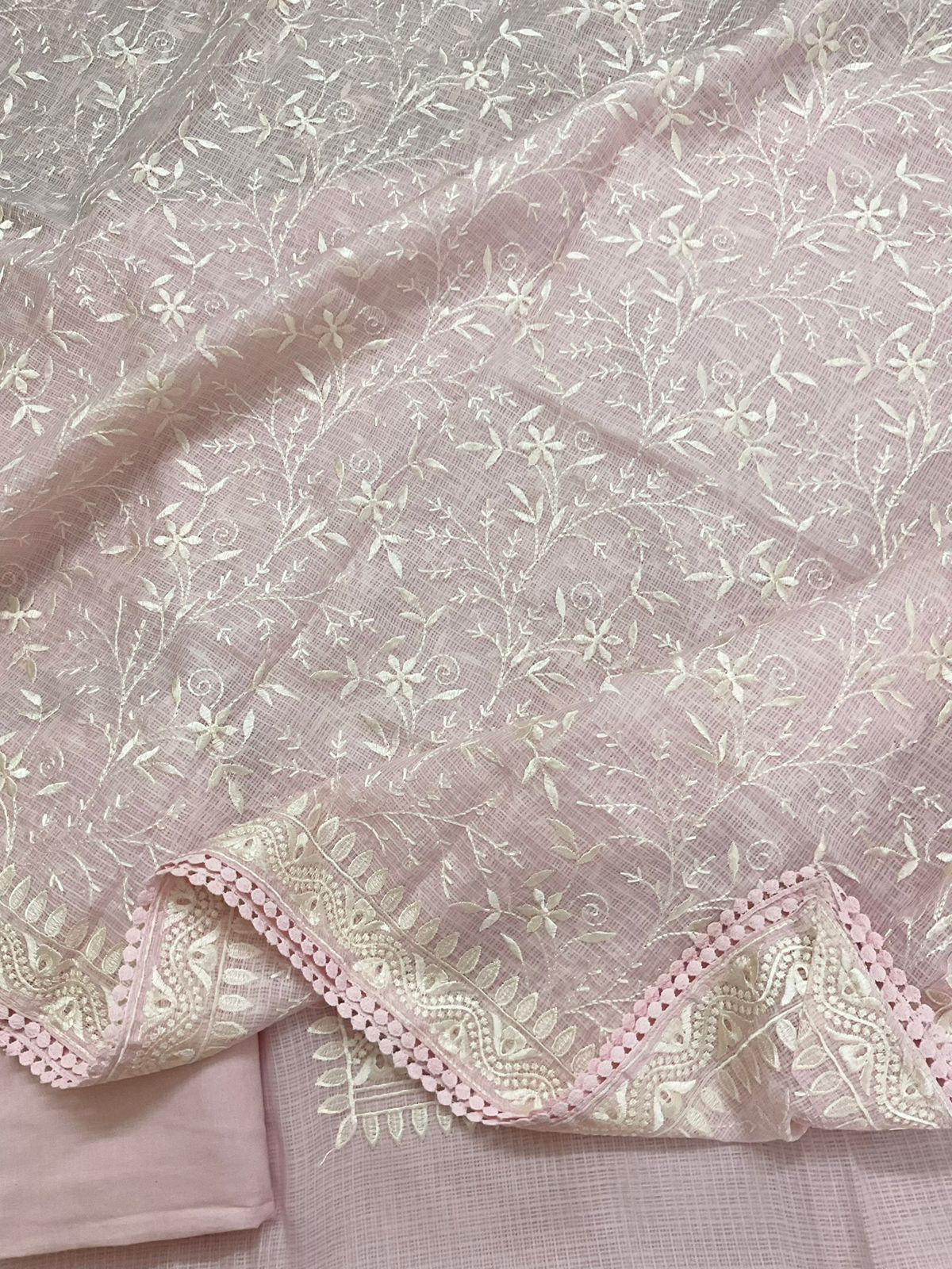 Soft Kota Silk Embroidered Suit - Pink