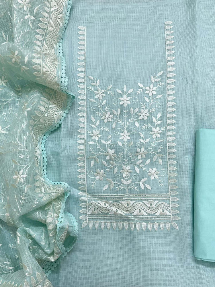 Image of Soft Kota Silk Embroidered Suit - Blue