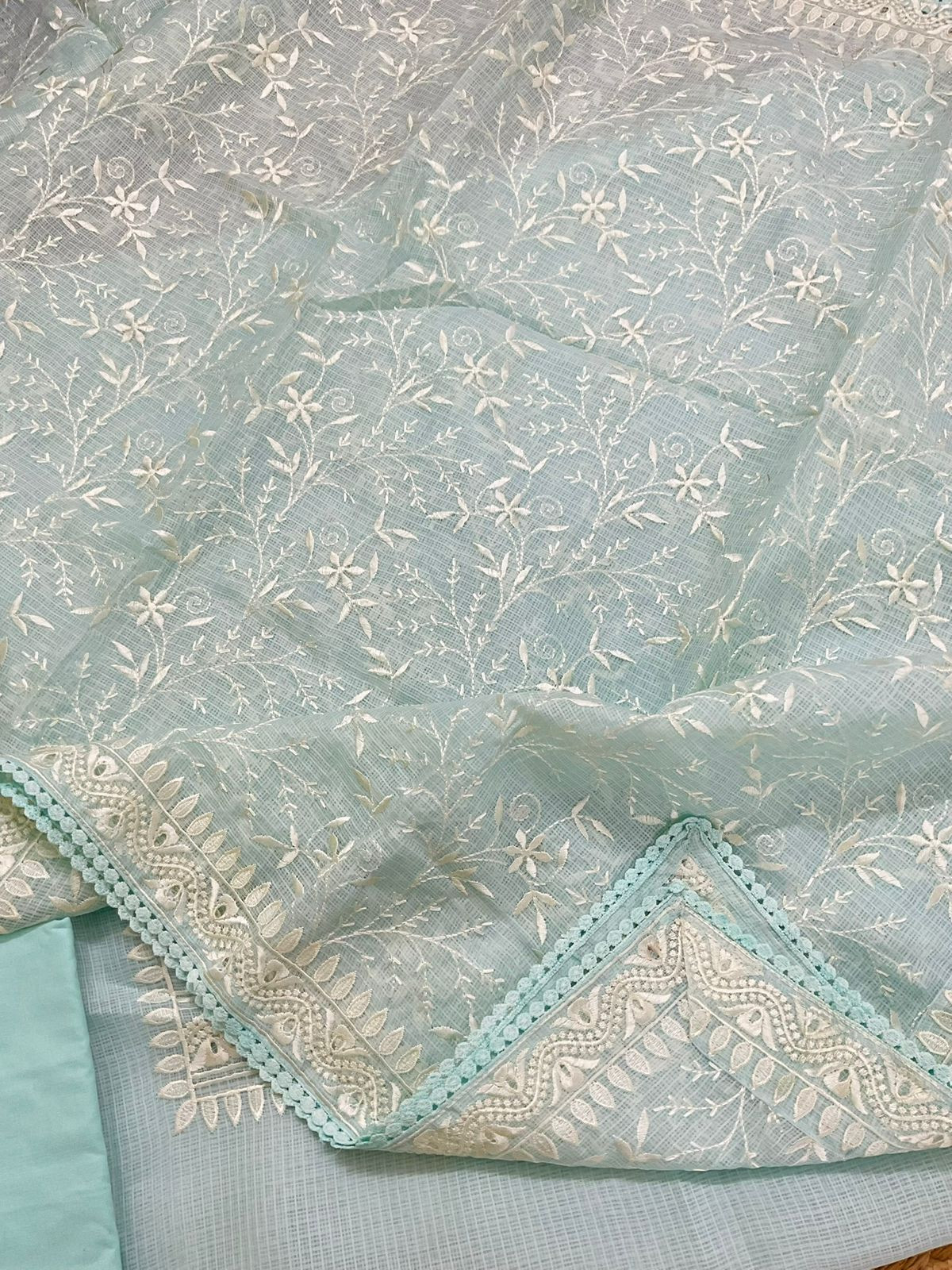 Soft Kota Silk Embroidered Suit - Blue