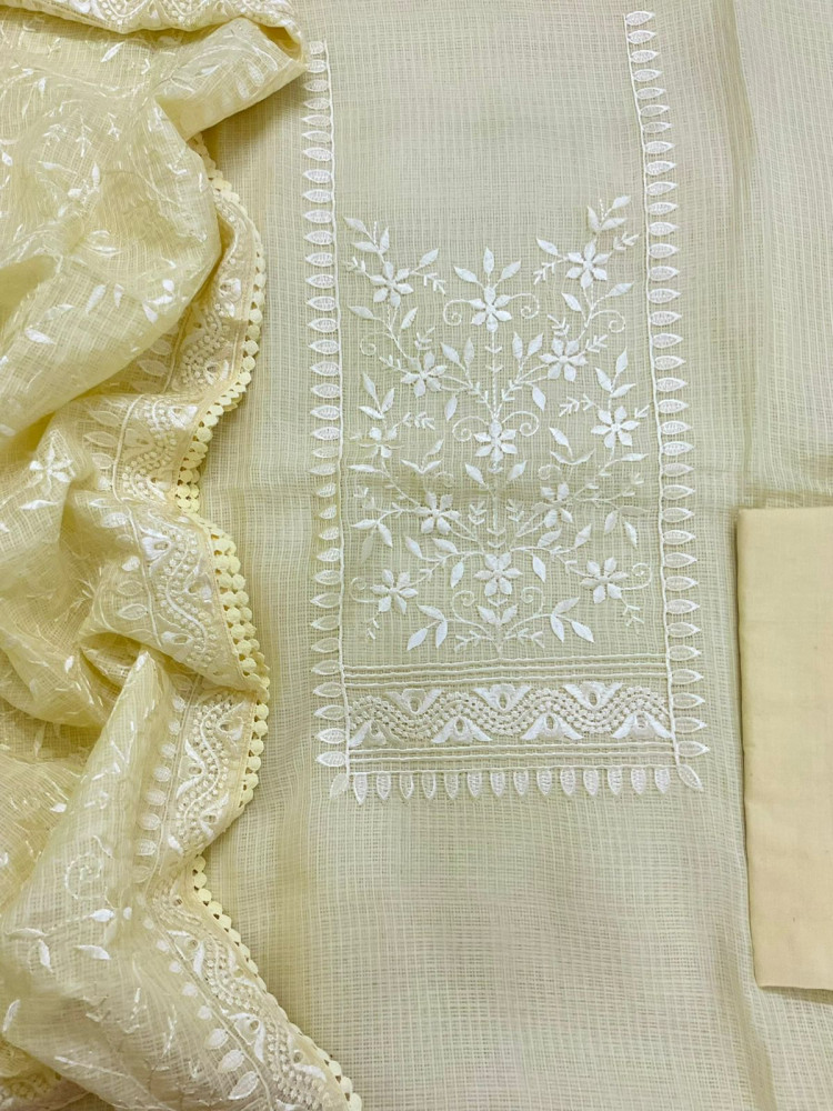 Image of Soft Kota Silk Embroidered Suit - Yellow