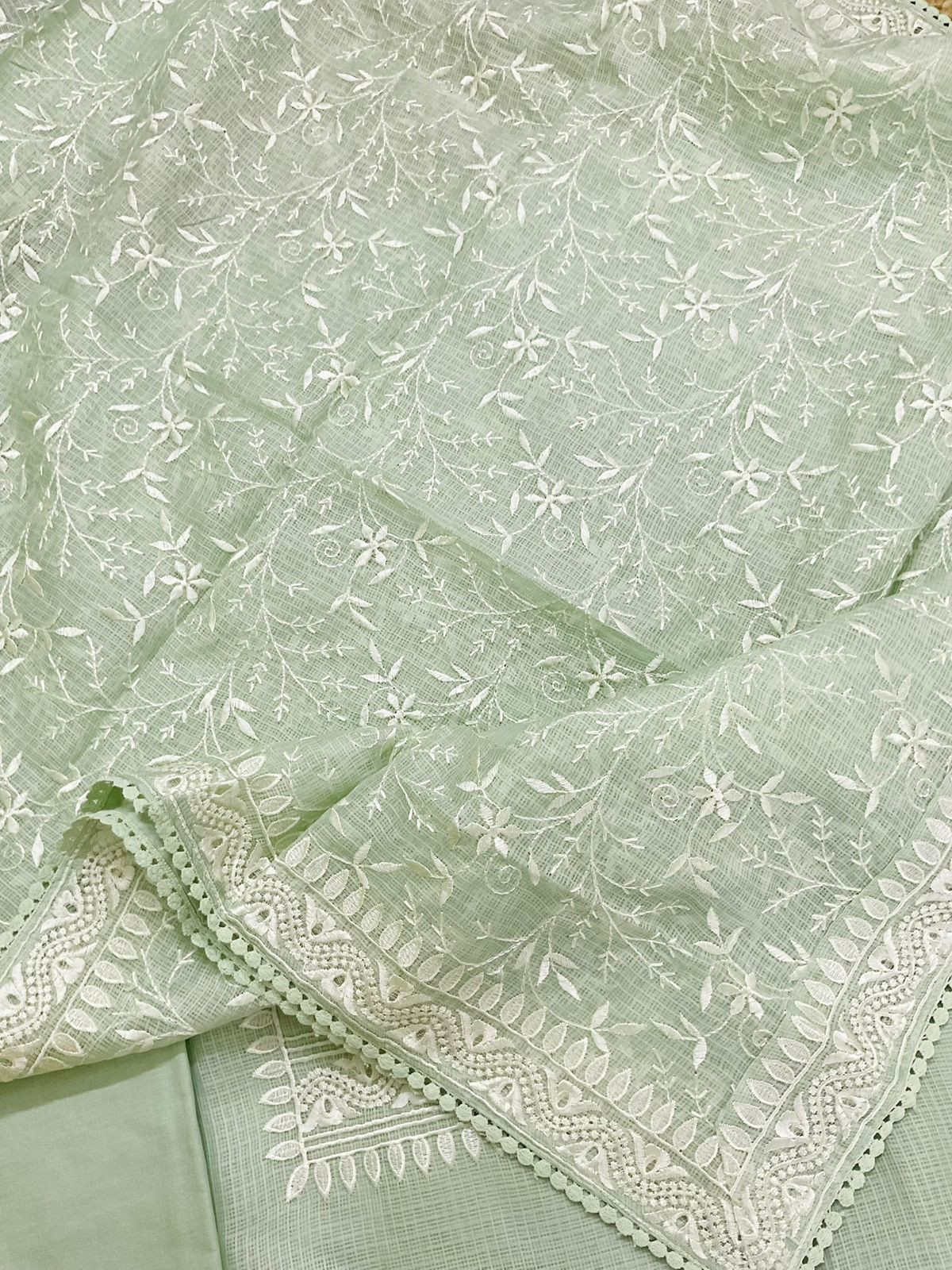 Soft Kota Silk Embroidered Suit - Green