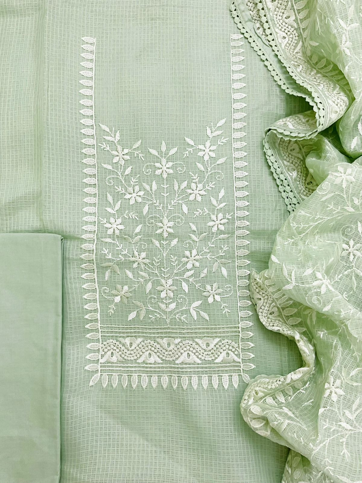 Soft Kota Silk Embroidered Suit - Green