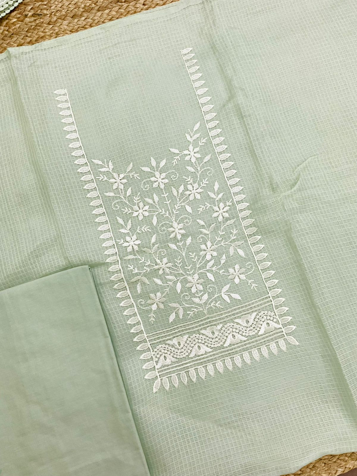 Soft Kota Silk Embroidered Suit - Green