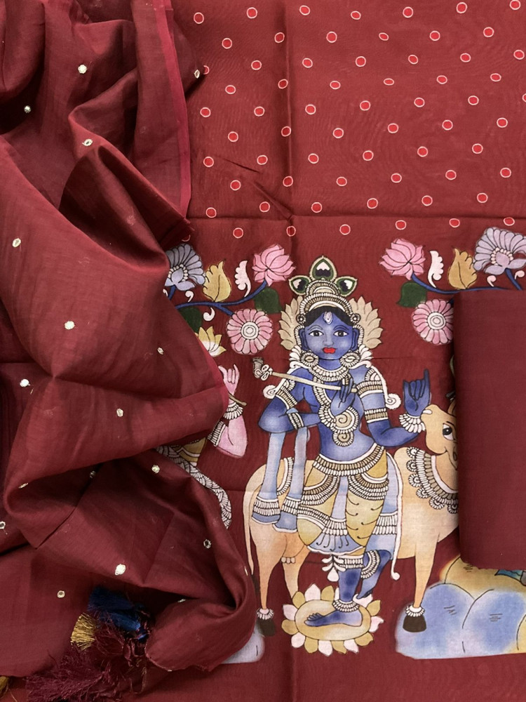 Image of Pure Chanderi Printed Embroidered Suit - Maroon