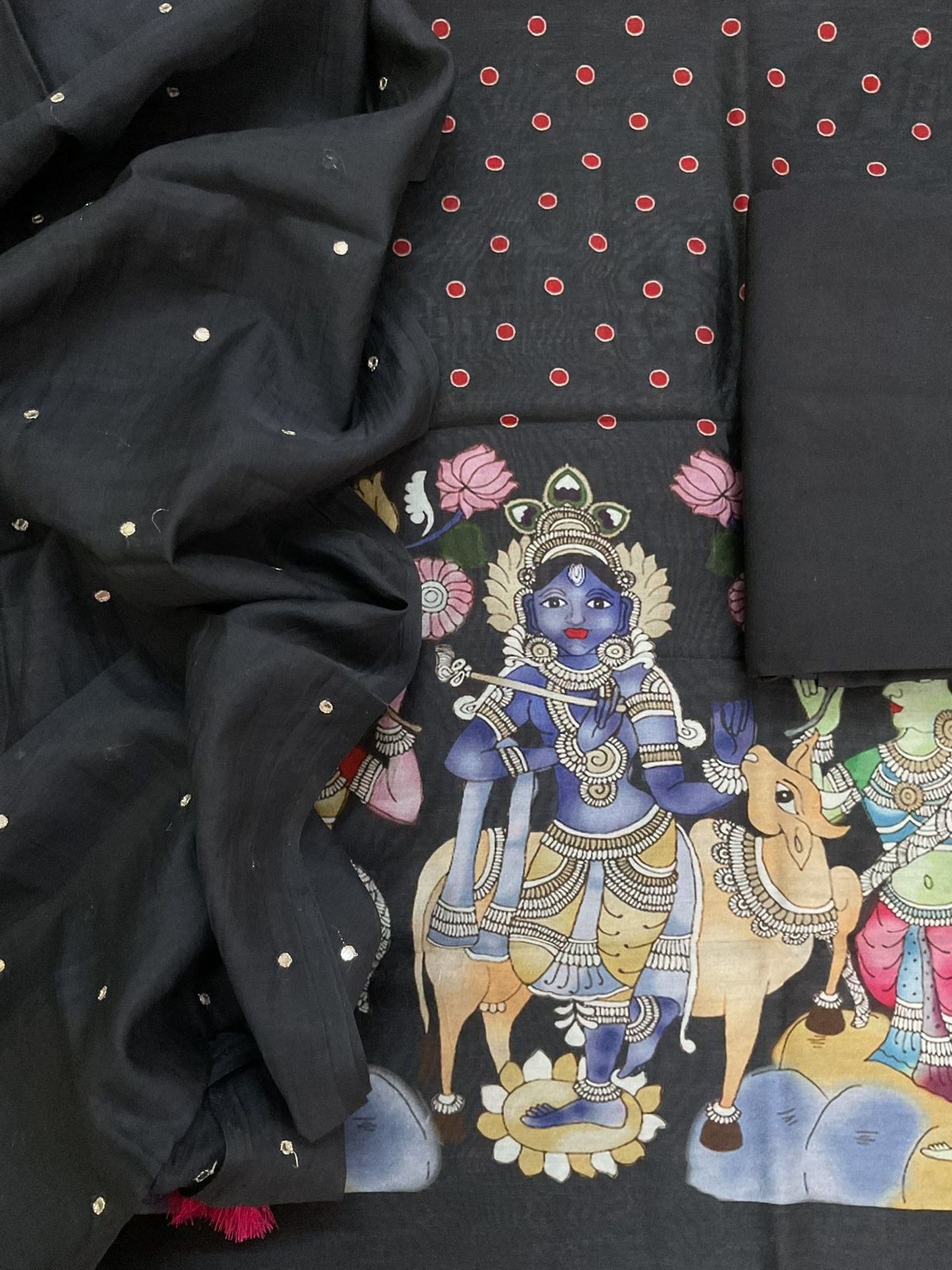 Pure Chanderi Printed Embroidered Suit - Black