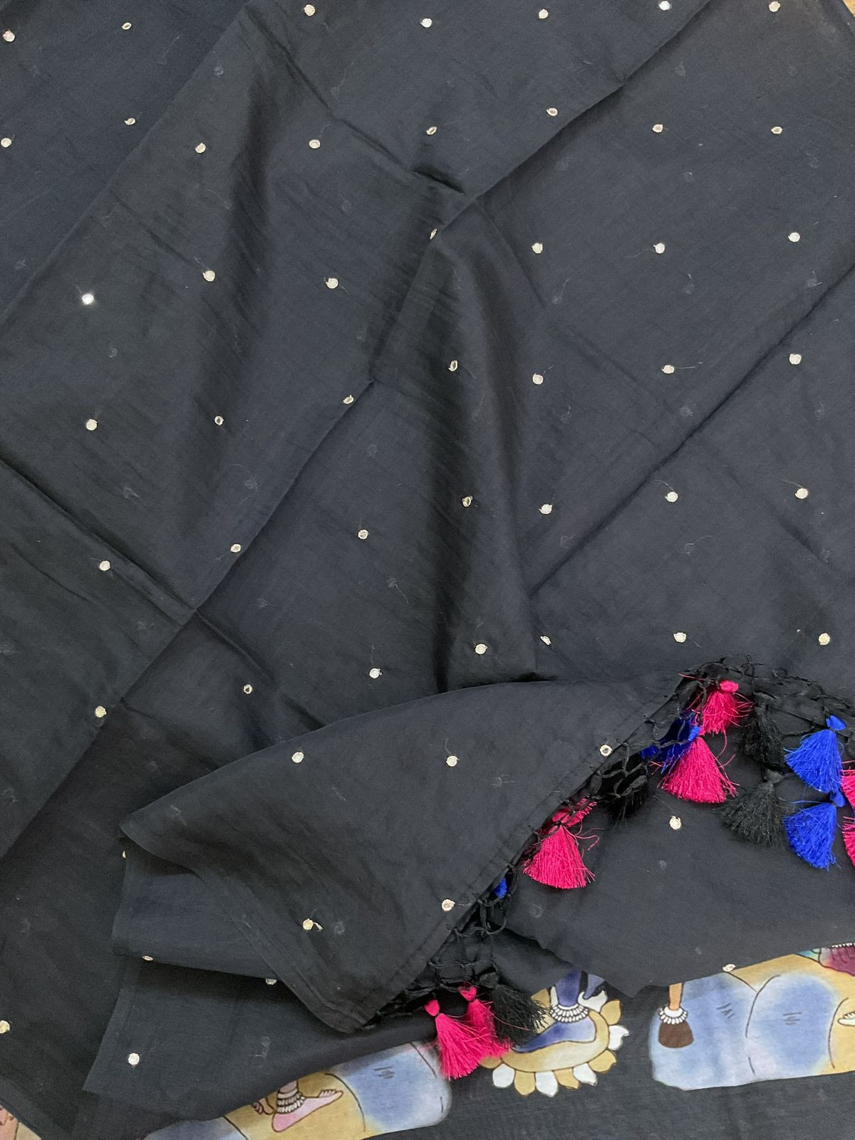 Pure Chanderi Printed Embroidered Suit - Black