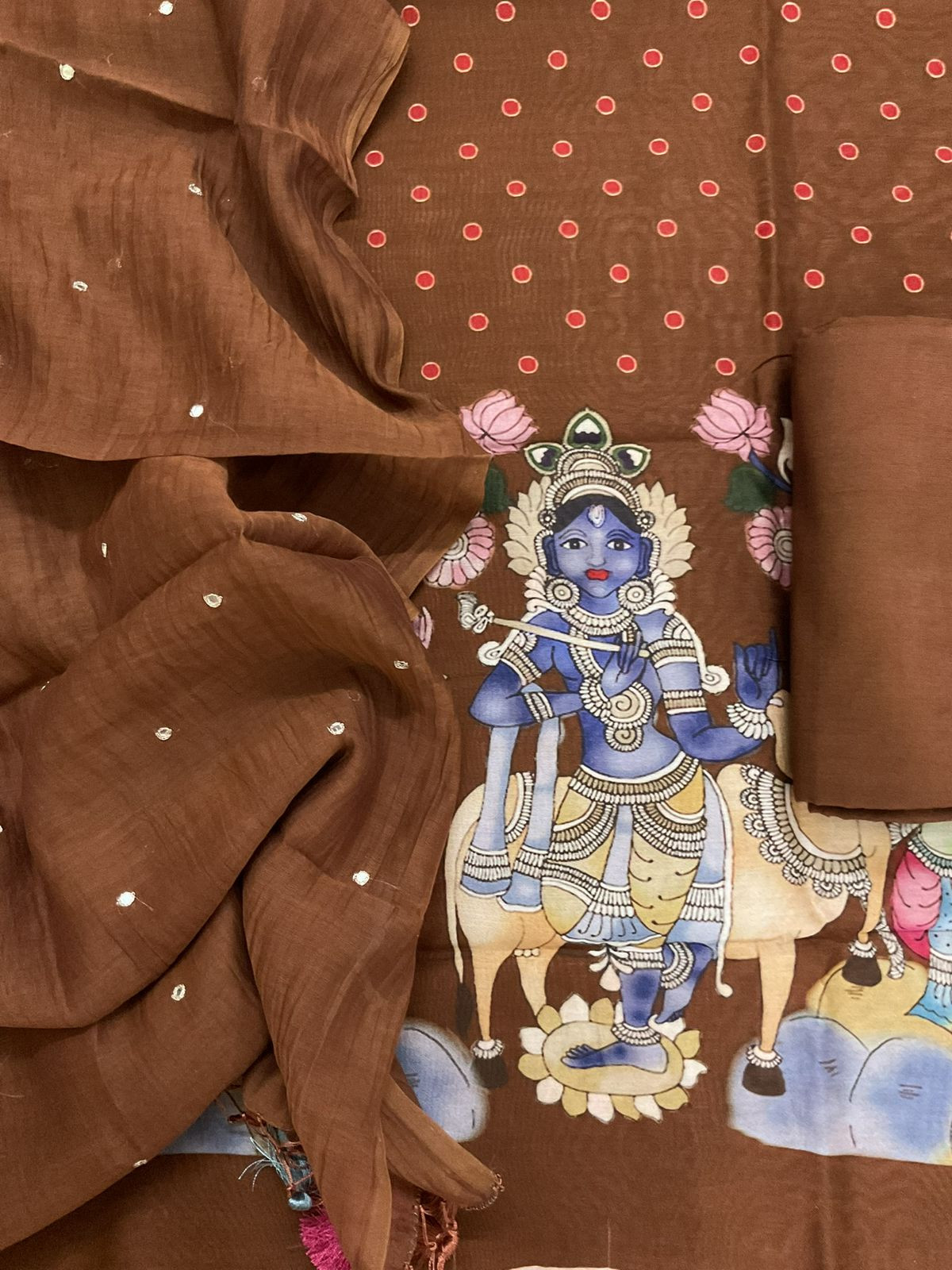 Pure Chanderi Printed Embroidered Suit - Brown