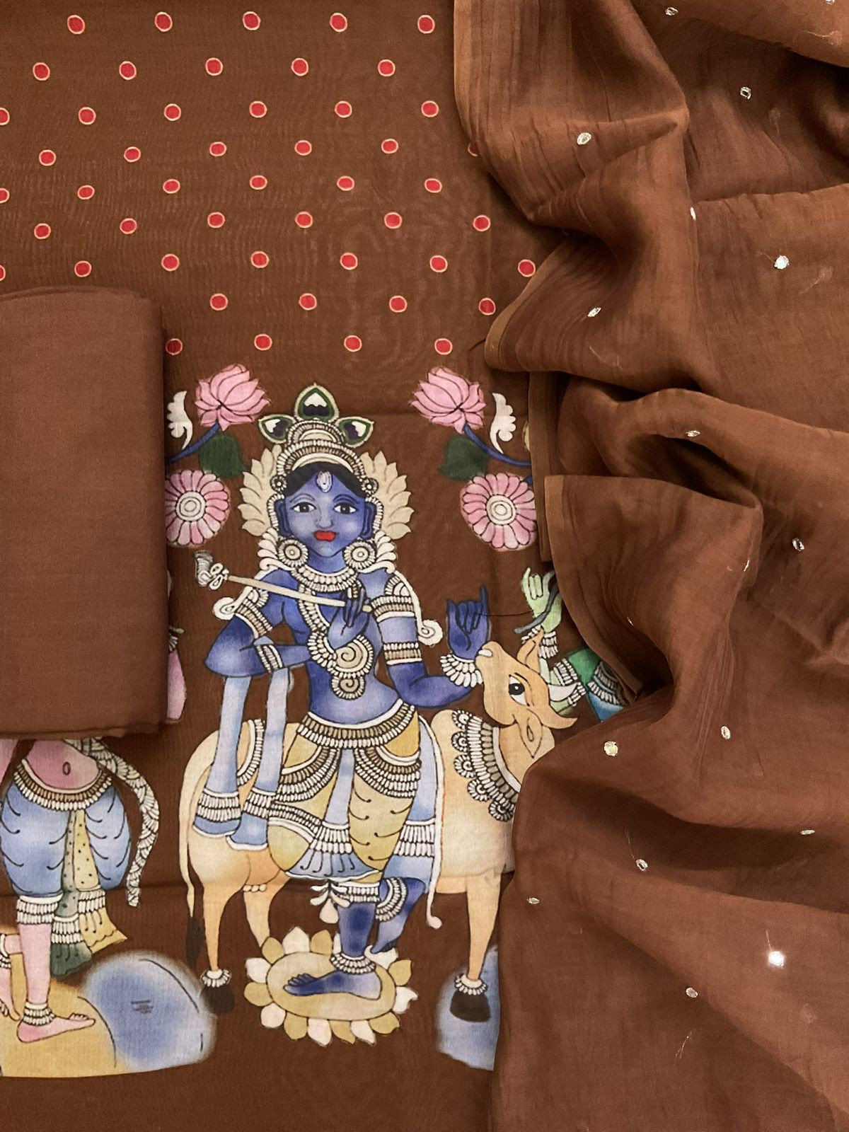 Pure Chanderi Printed Embroidered Suit - Brown