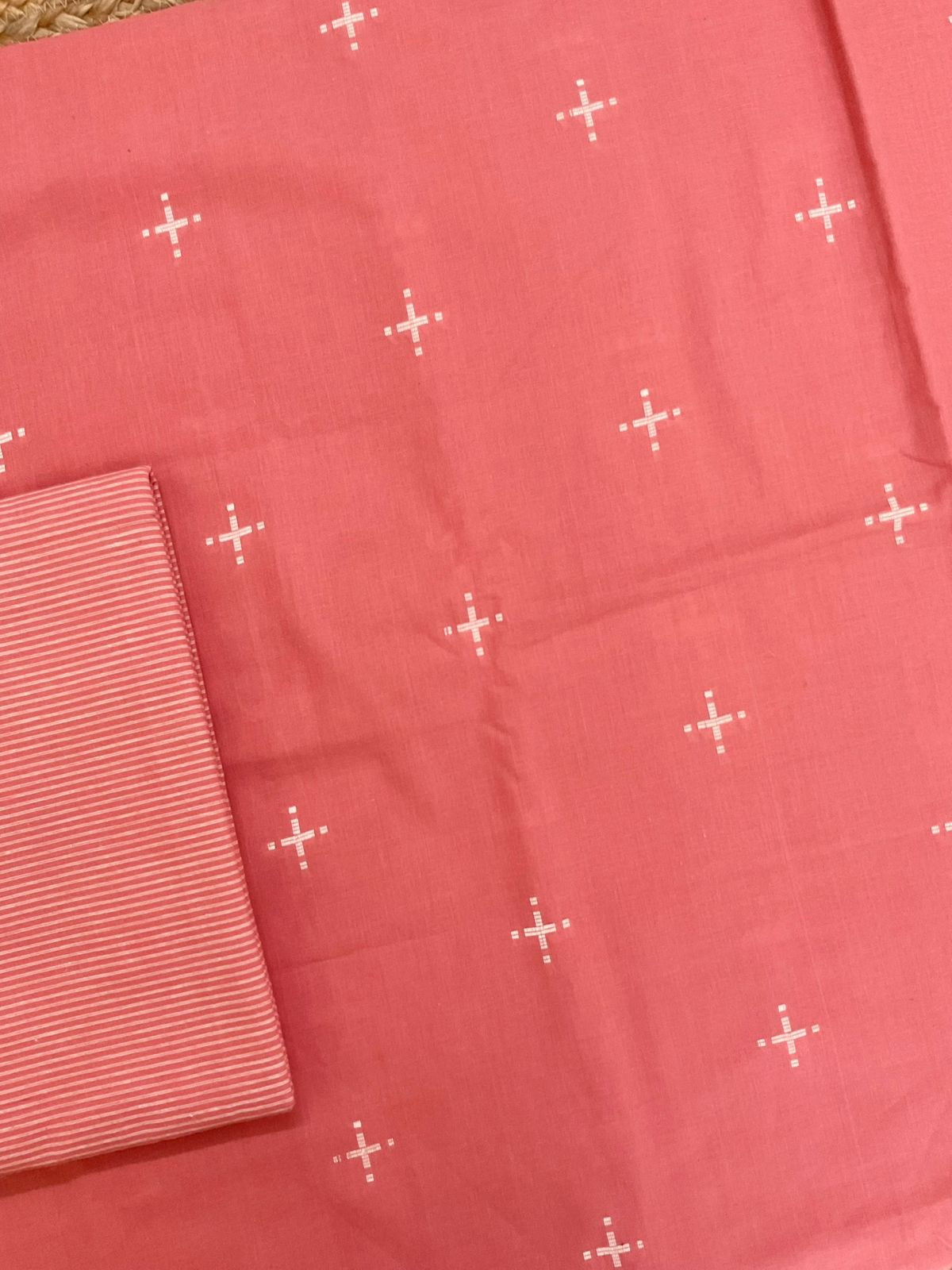 Pure Handloom Cotton Self Weaved Suit - Peach