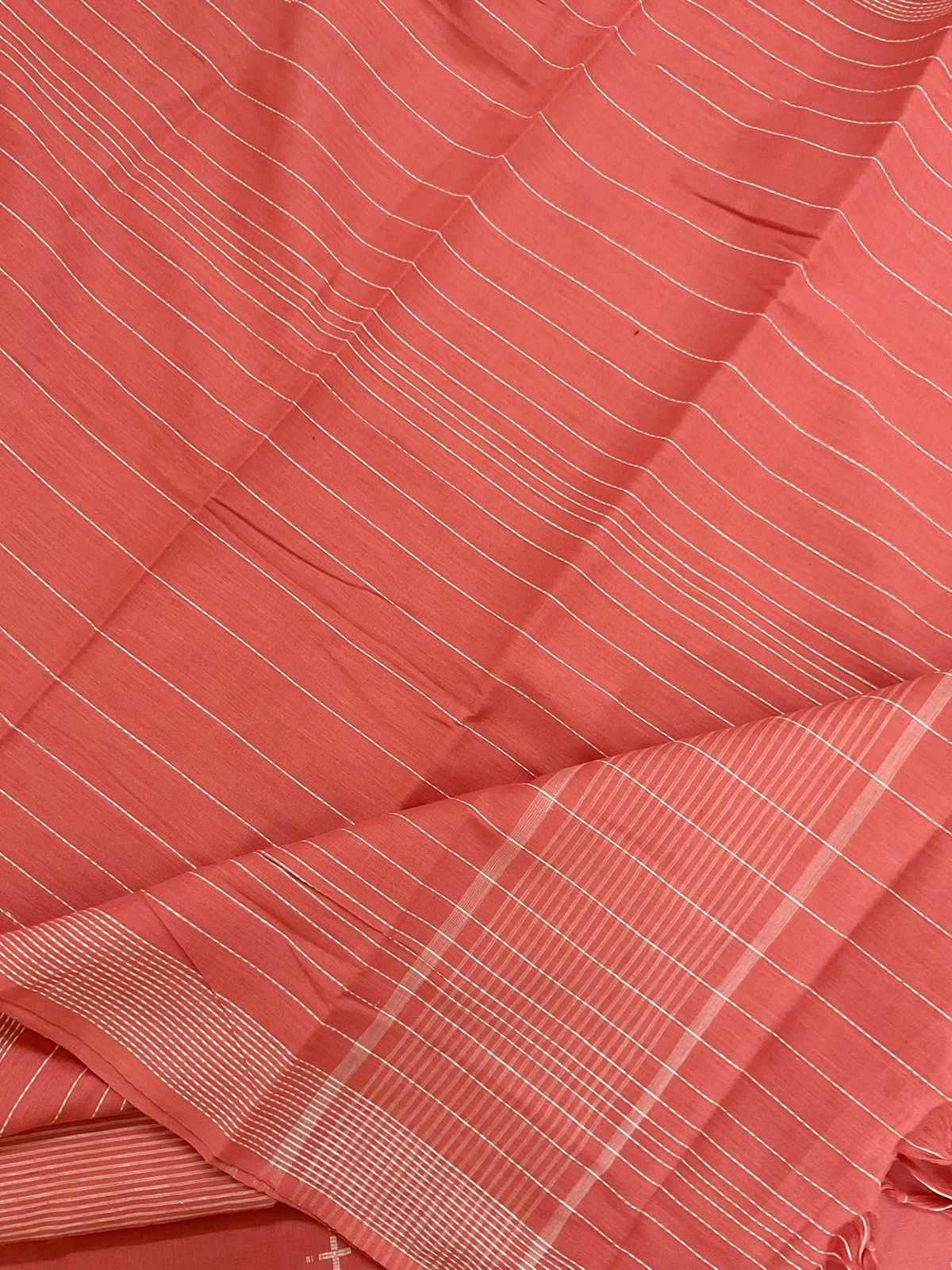 Pure Handloom Cotton Self Weaved Suit - Peach