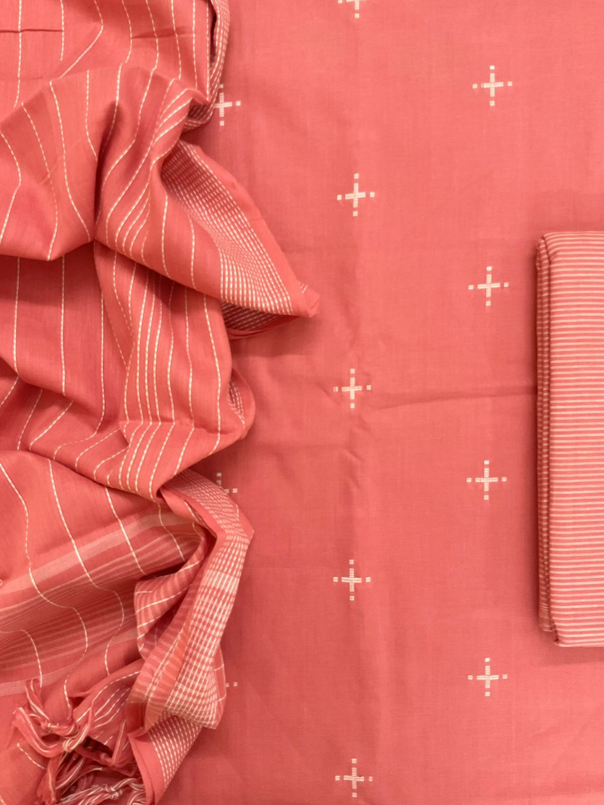 Pure Handloom Cotton Self Weaved Suit - Peach