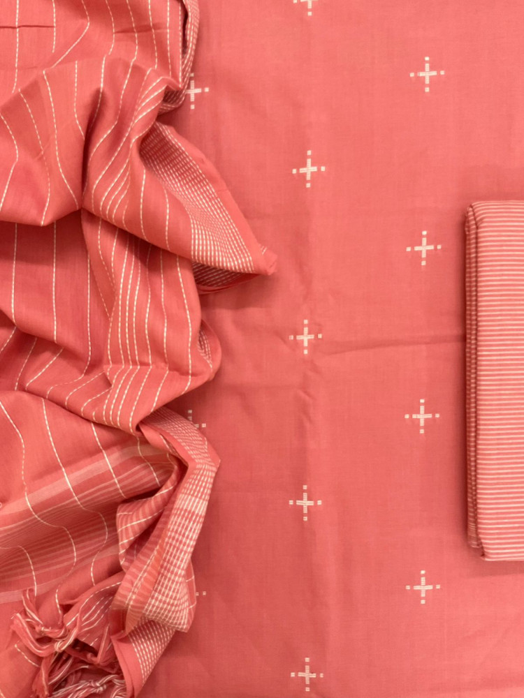Image of Pure Handloom Cotton Self Weaved Suit - Peach