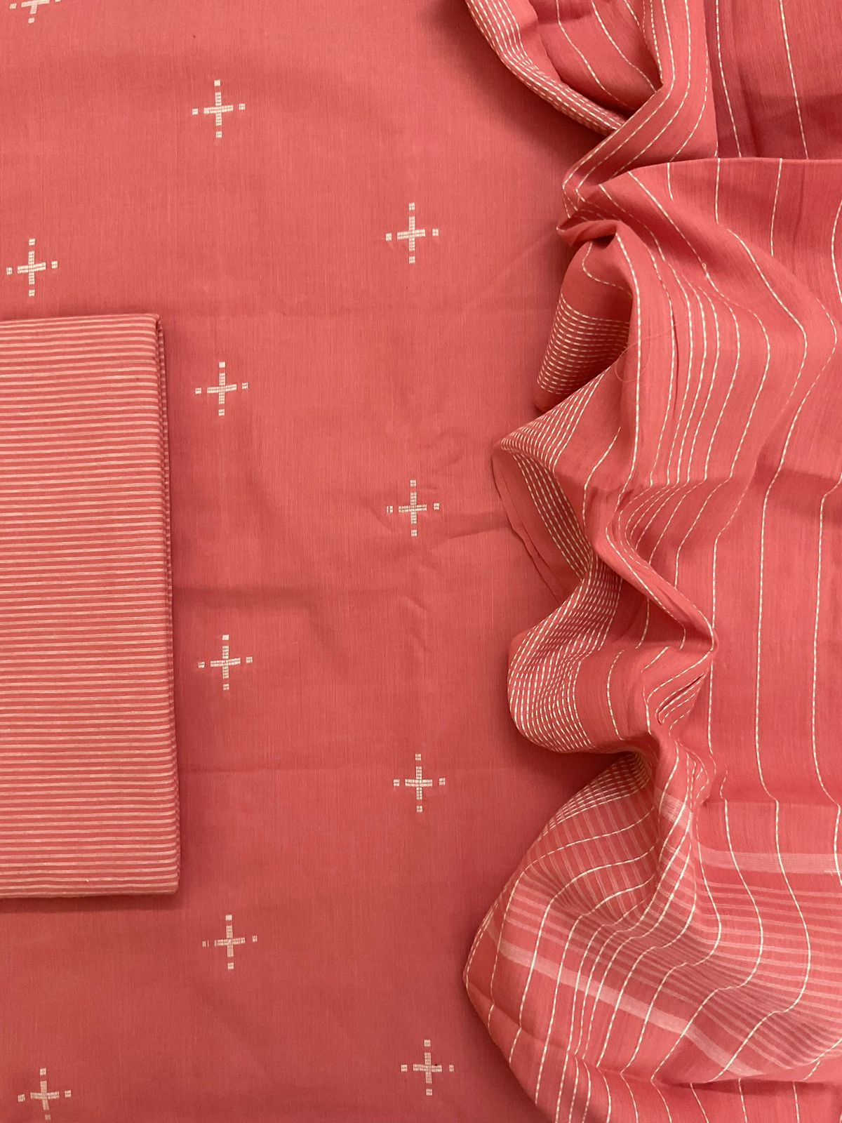 Pure Handloom Cotton Self Weaved Suit - Peach